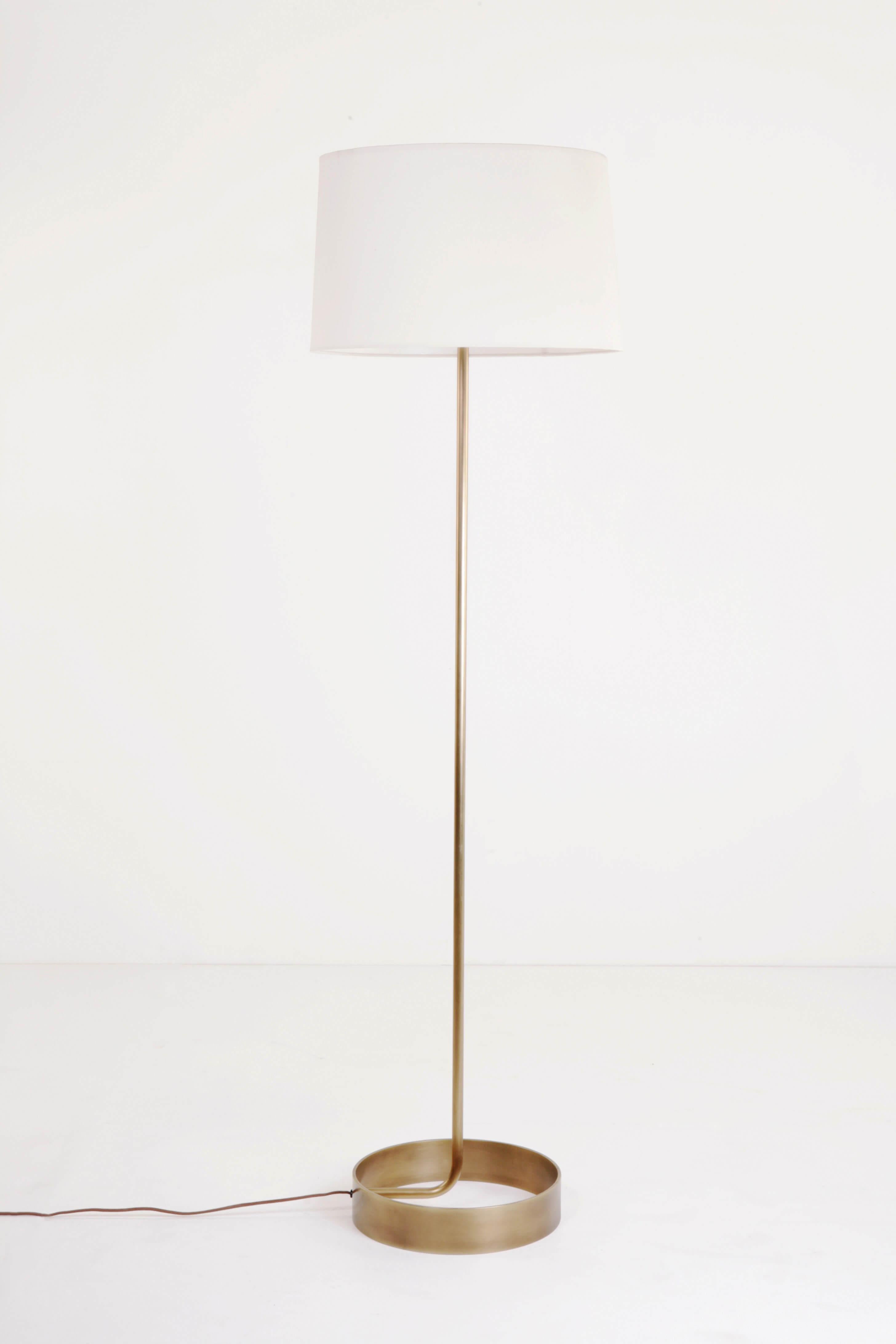 Contemporary Forge Floor Lamp In Solid Brass With Off-White Or Silk Linen Shade
