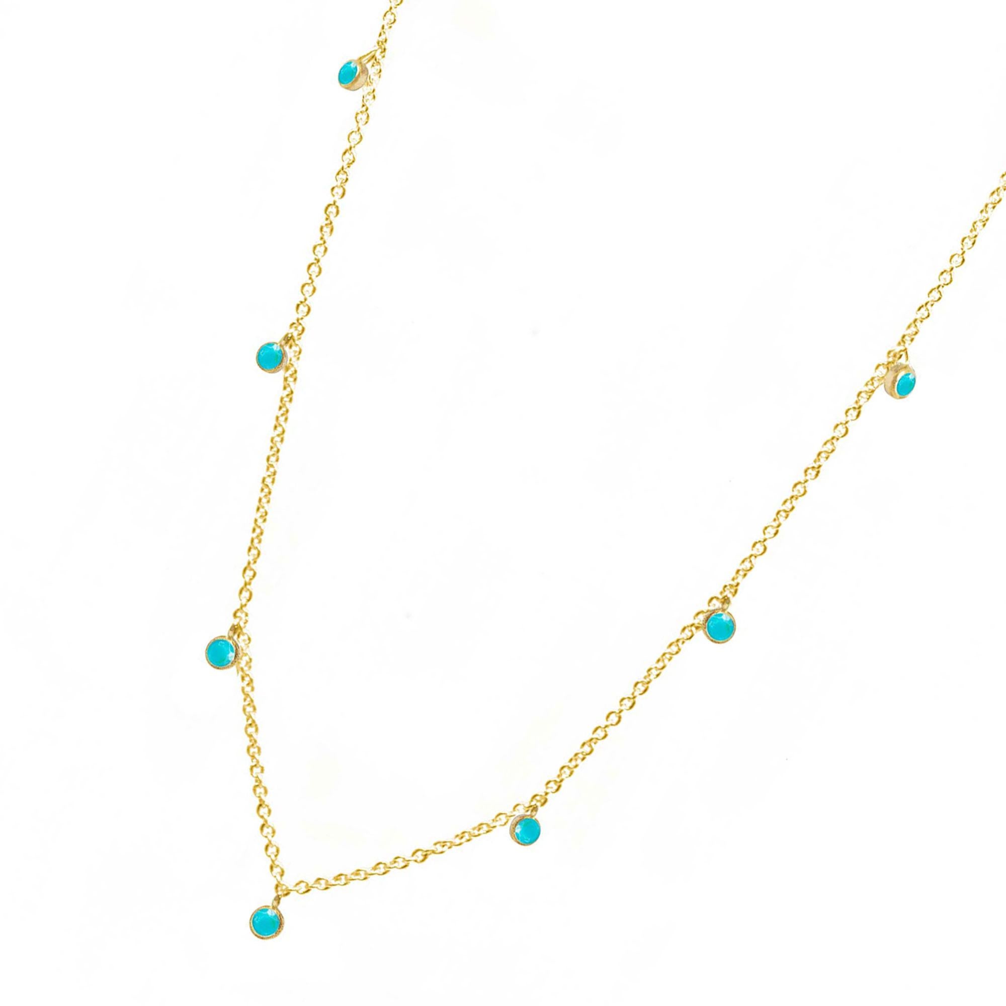 Made with turquoise gemstone rimmed in gold, our Forged Gold Necklace provides an effortless, yet fashionable style.

Details
Metal: 18K Yellow Gold
Stone carat: 0.75
Length: 15-17''
Stone size: 2.5mm

About the stones:
Genuine Turquoise: Turquoise