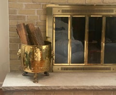 Forged British Fire Log Holder / Bucket with Lion Door Knocker Style Handles