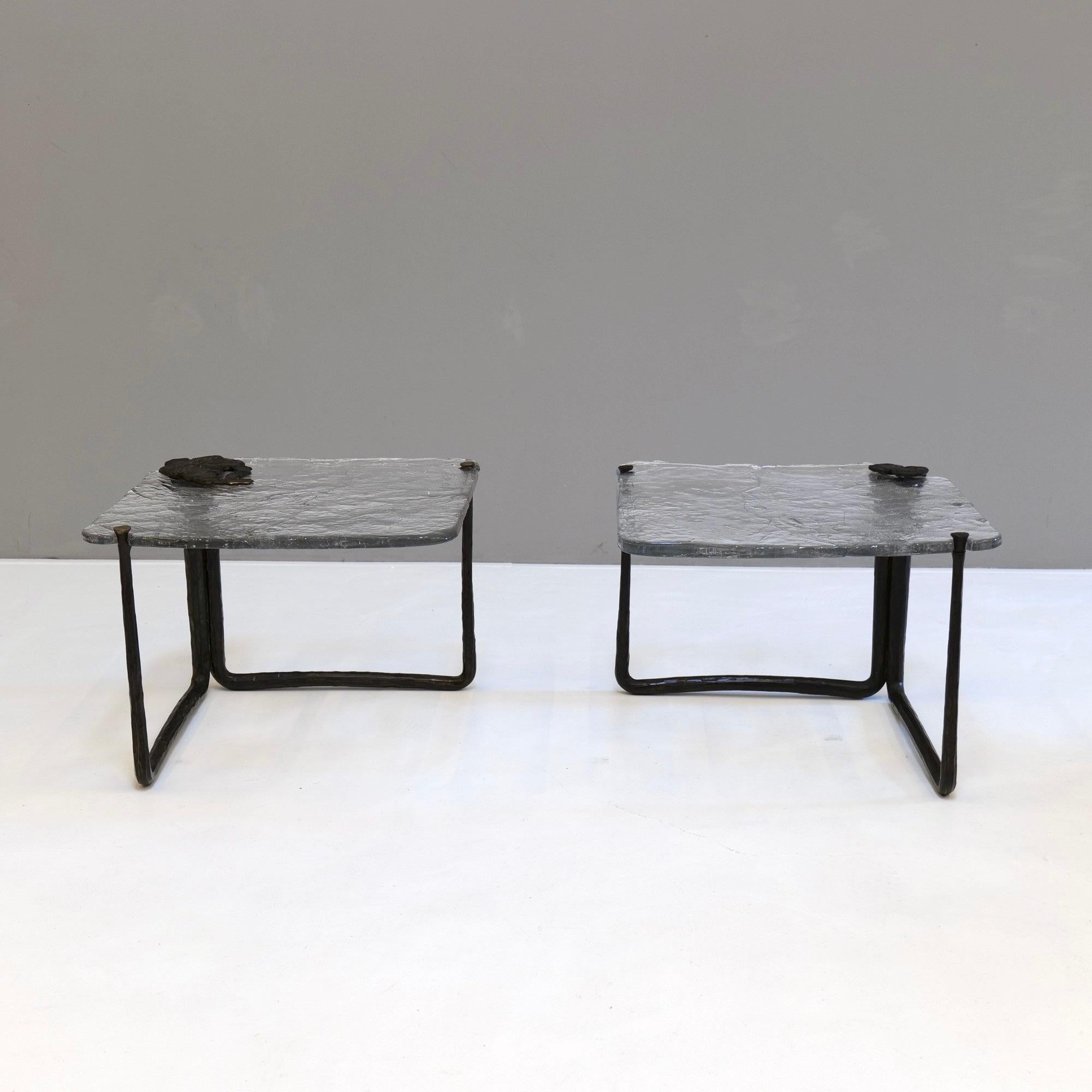 - 1980s organic brutalism design
- original Lothar Klute tables signed LK 86 
- fully handmade tables
- authentic forged bronze (not patinated iron)
- lead crystal glass
- cast glass
- beautiful patina
- perfect condition