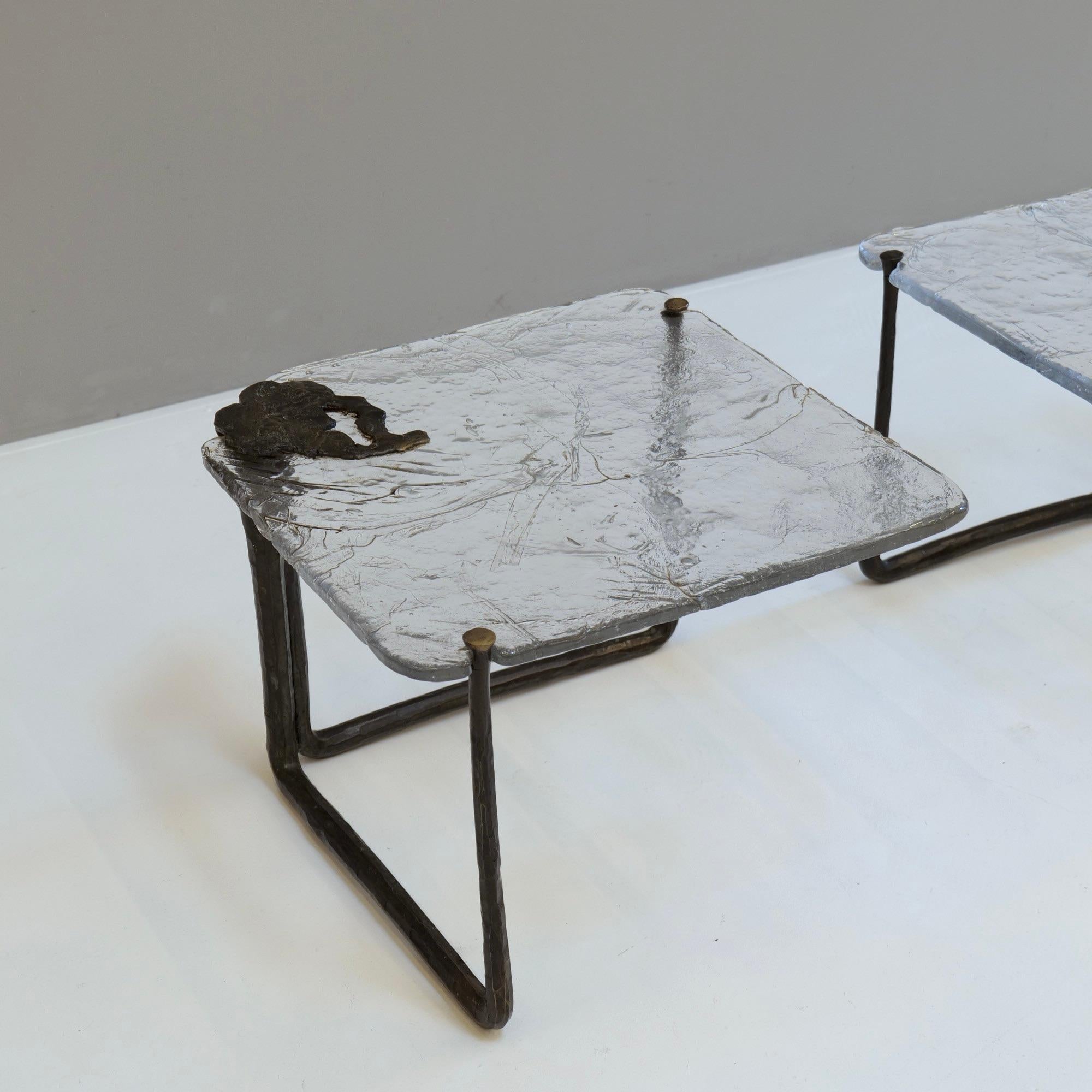 Brutalist forged bronze and cast crystal glass tables by Lothar Klute 1986 For Sale