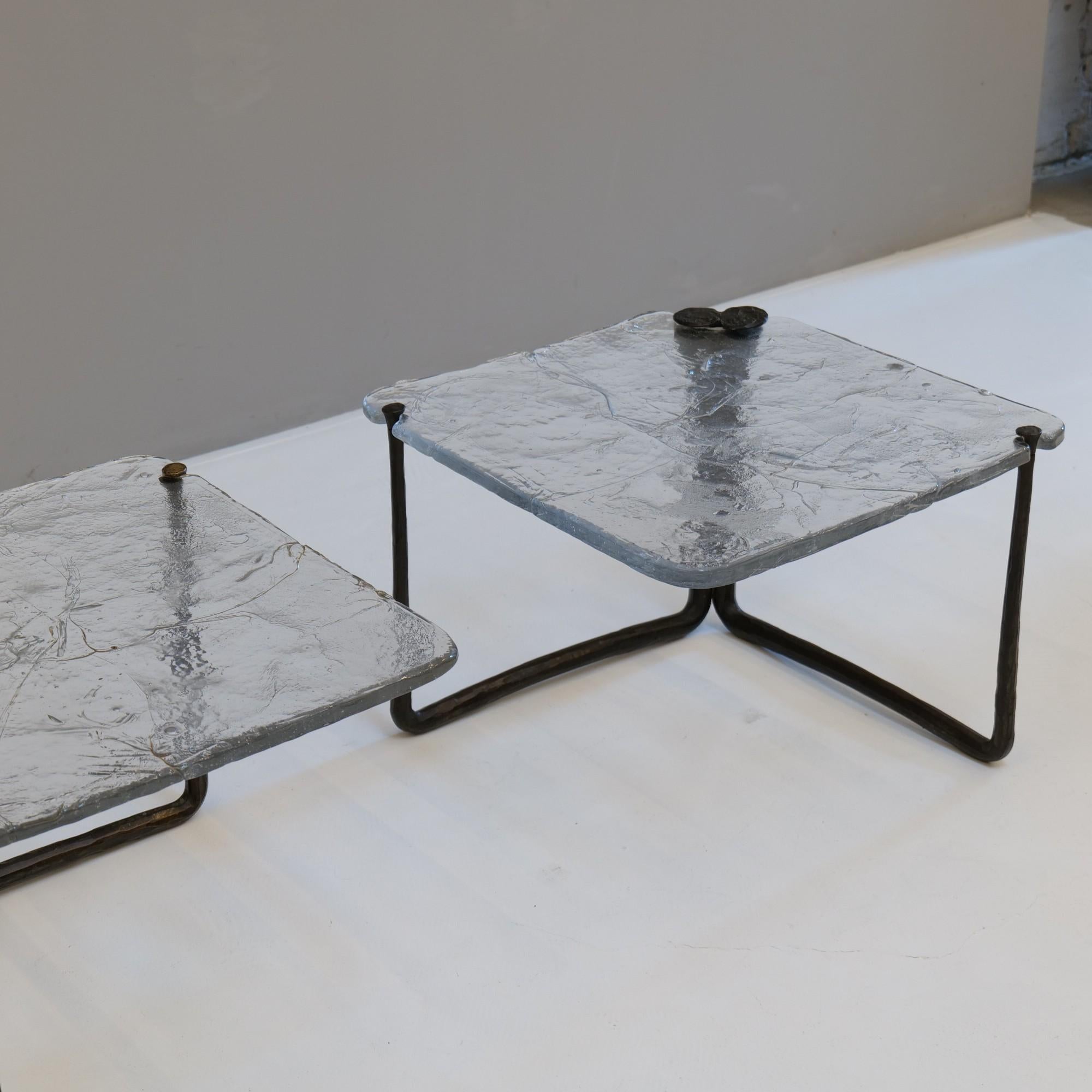 German forged bronze and cast crystal glass tables by Lothar Klute 1986 For Sale