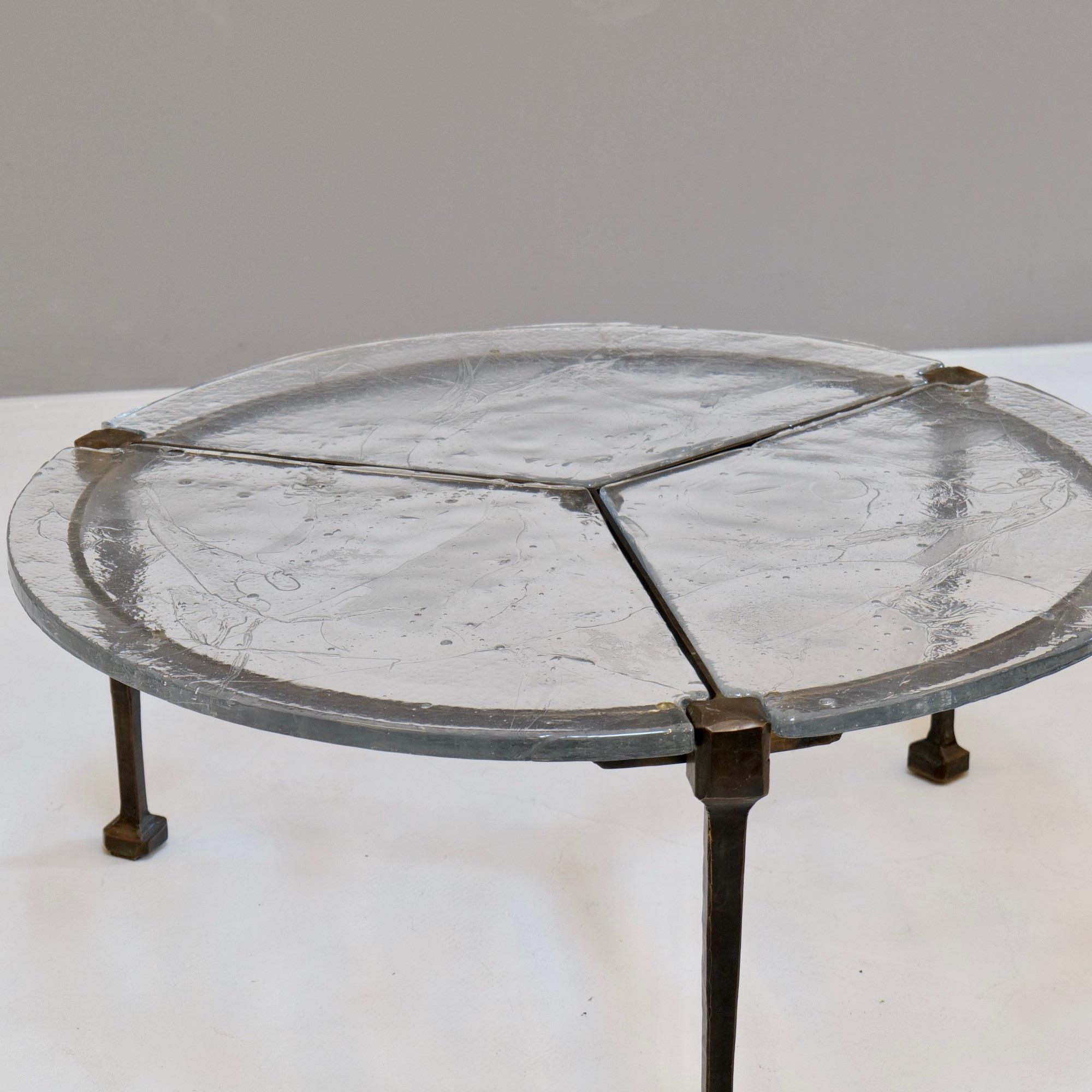 big round bronze coffee table in excellent condition

- original Lothar Klute table signed LK 86 with certification and original invoice from 1986
- fully handmade table 
- 1980s brutalism
- authentic bronze (not patinated iron)
- lead crystal