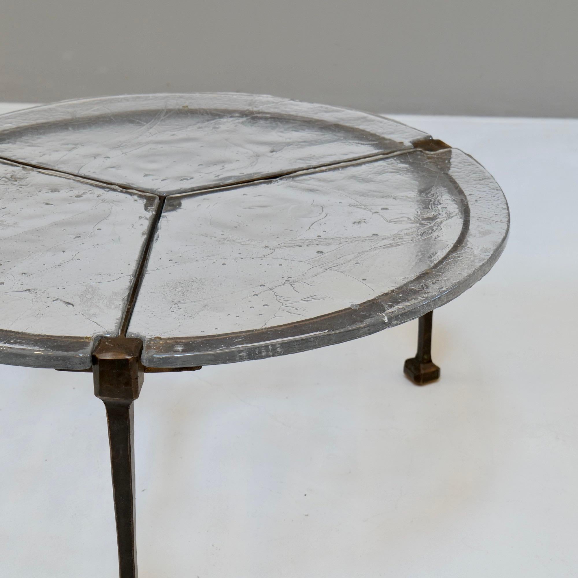 Brutalist forged bronze & cast crystal glass round table by Lothar Klute - 1980s brutalism