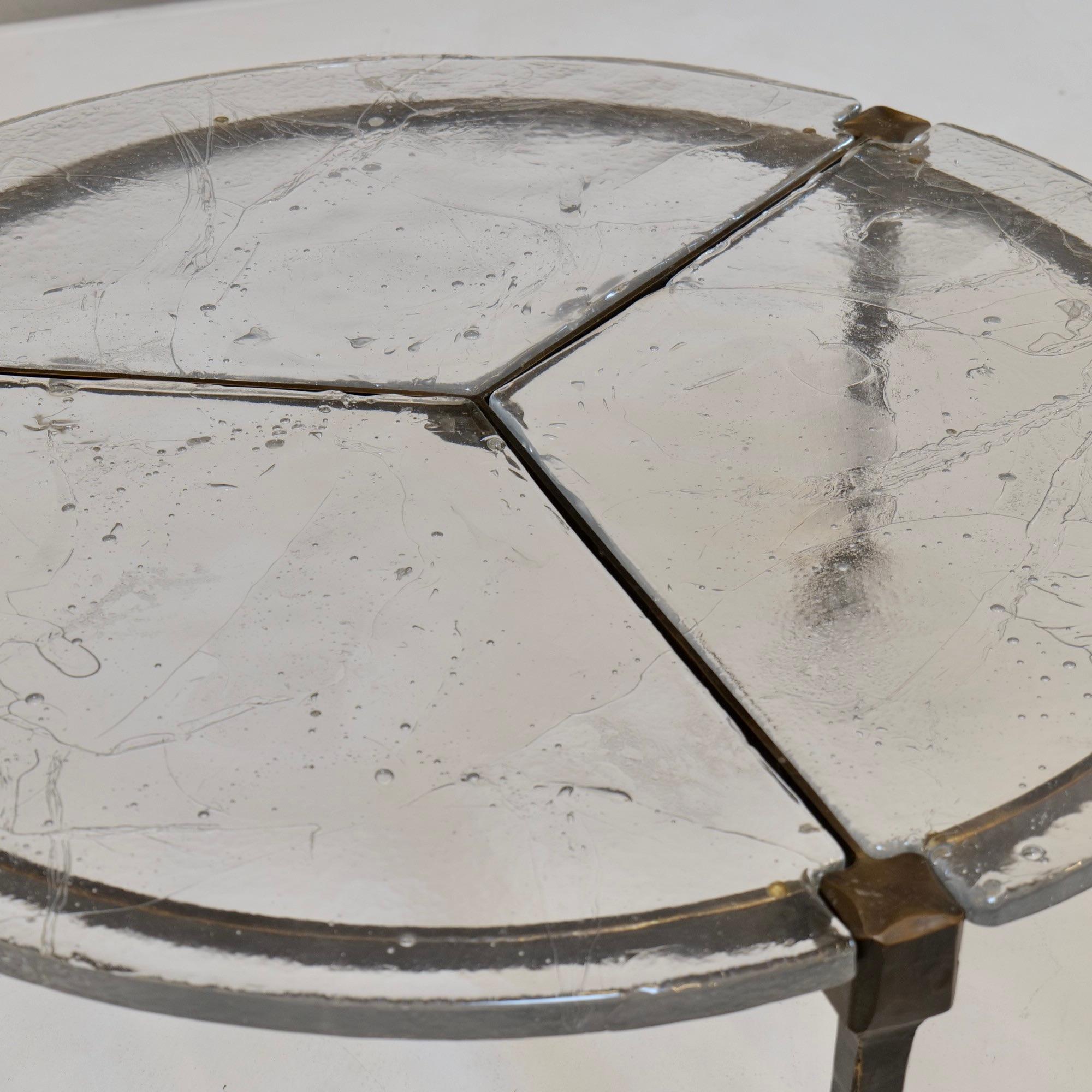 German forged bronze & cast crystal glass round table by Lothar Klute - 1980s brutalism