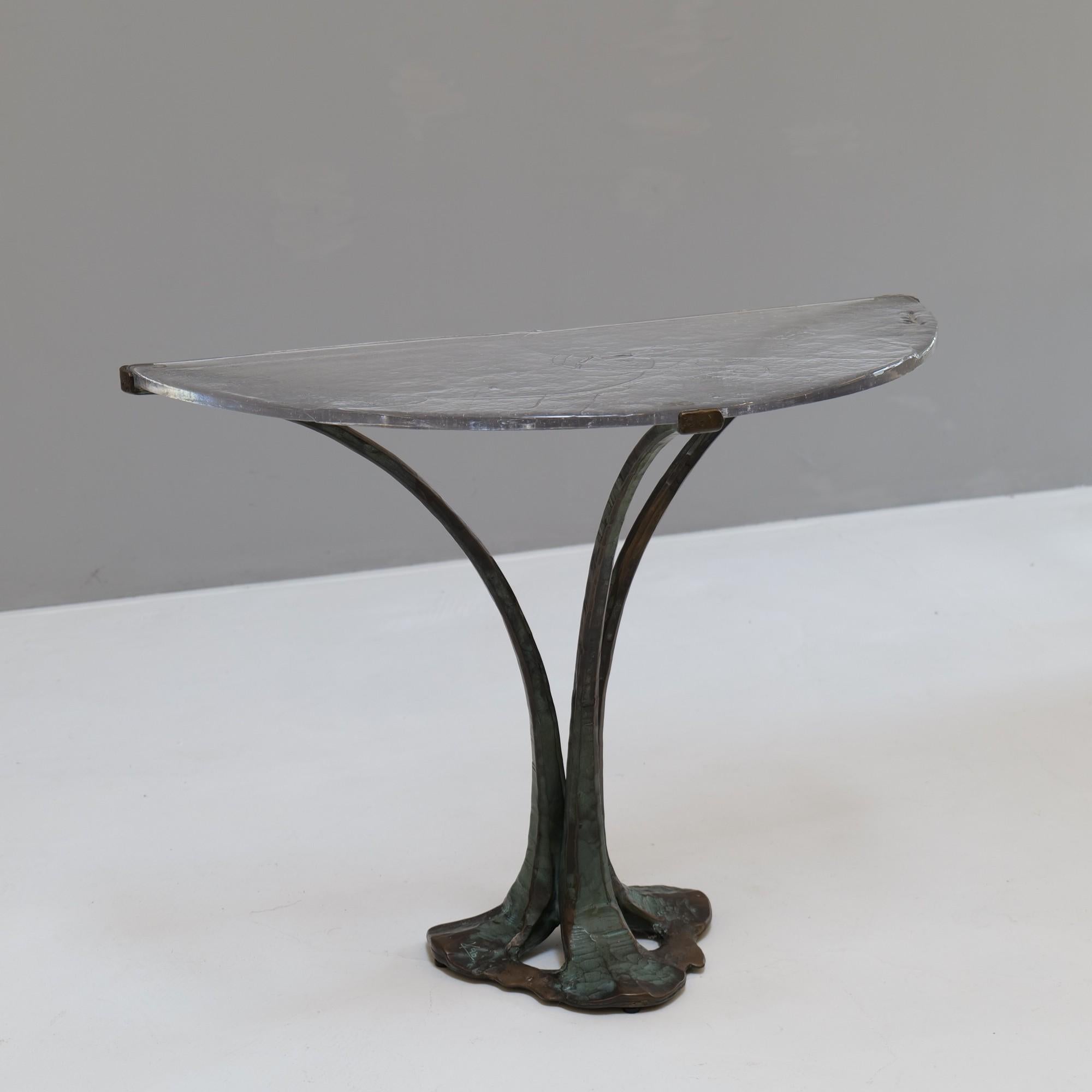 Forged bronze & cast crystall glass Demi Lune table by Lothar Klute - brutalism 7