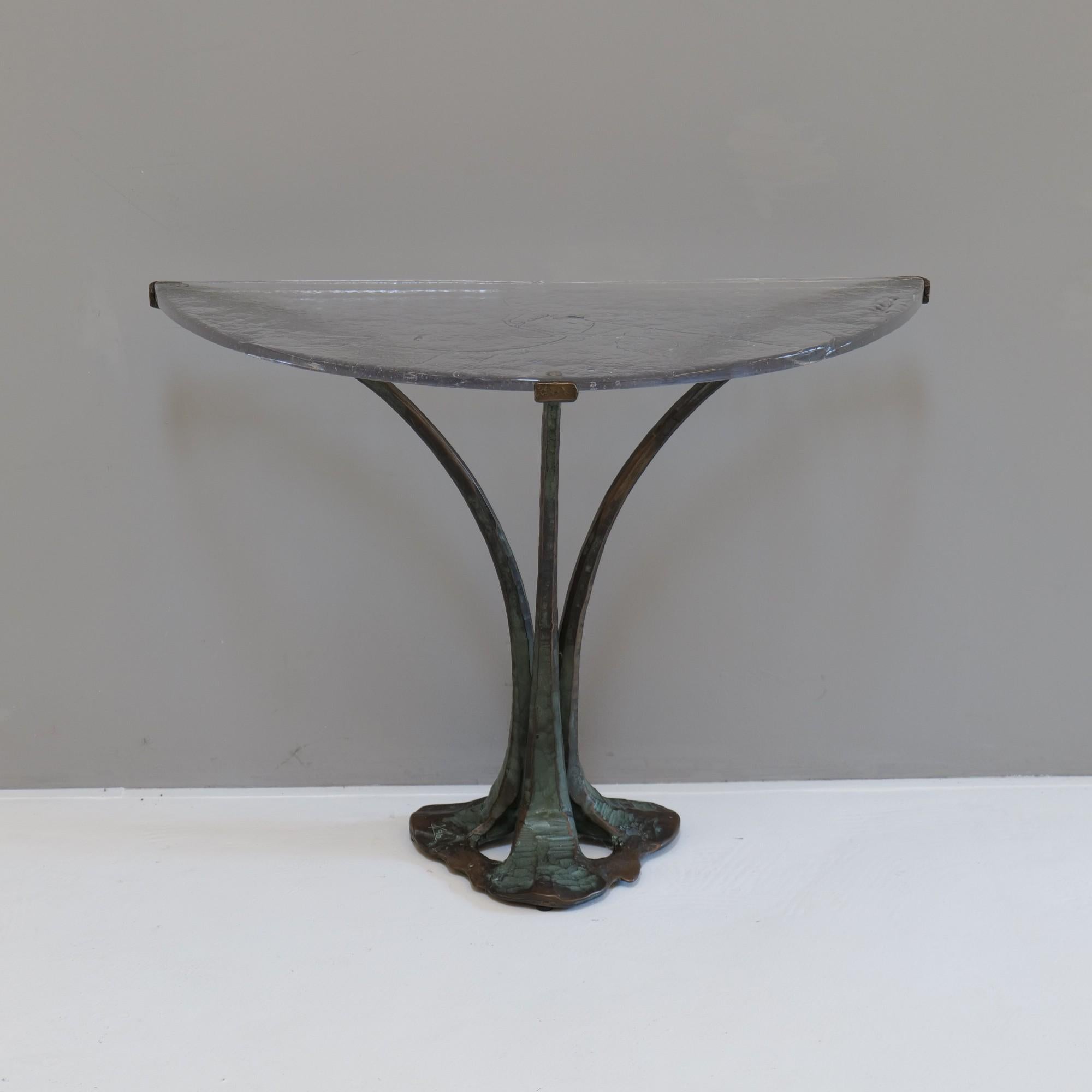 Brutalist Forged bronze & cast crystall glass Demi Lune table by Lothar Klute - brutalism