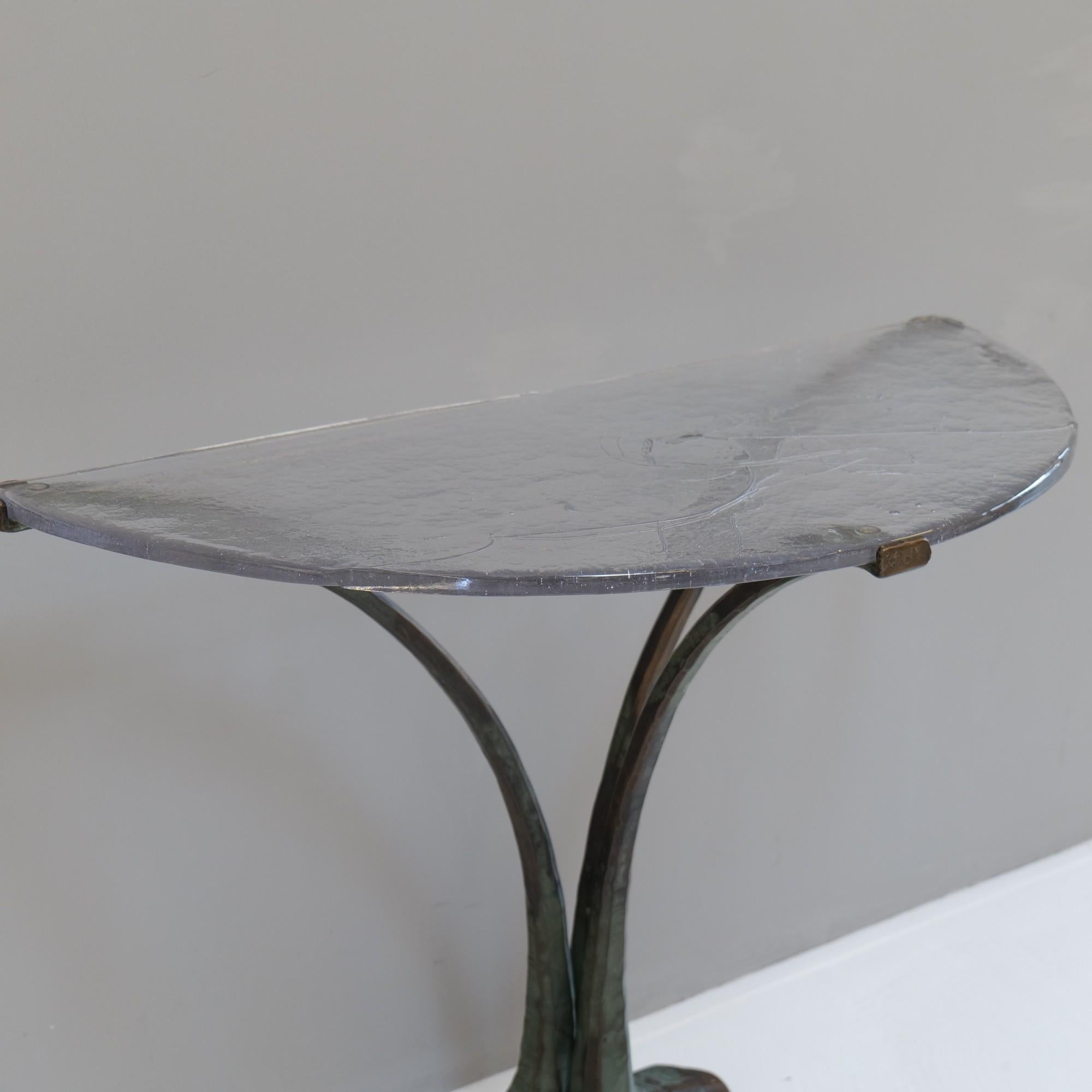 German Forged bronze & cast crystall glass Demi Lune table by Lothar Klute - brutalism