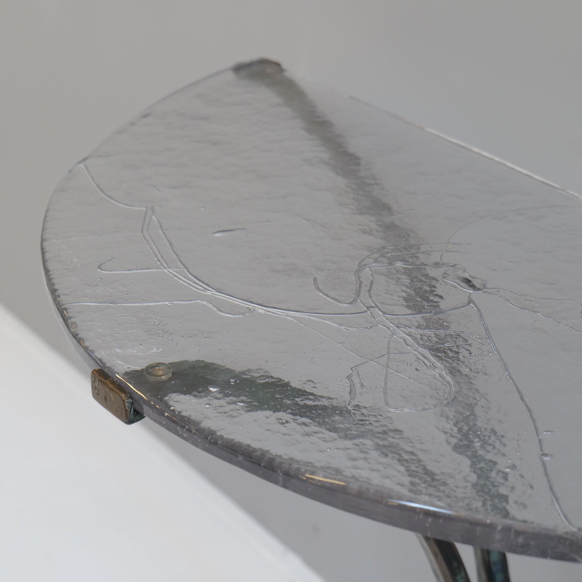 Late 20th Century Forged bronze & cast crystall glass Demi Lune table by Lothar Klute - brutalism