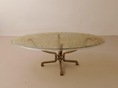 forged bronze coffee table with aquamarine art glass in style of Lothar Klute