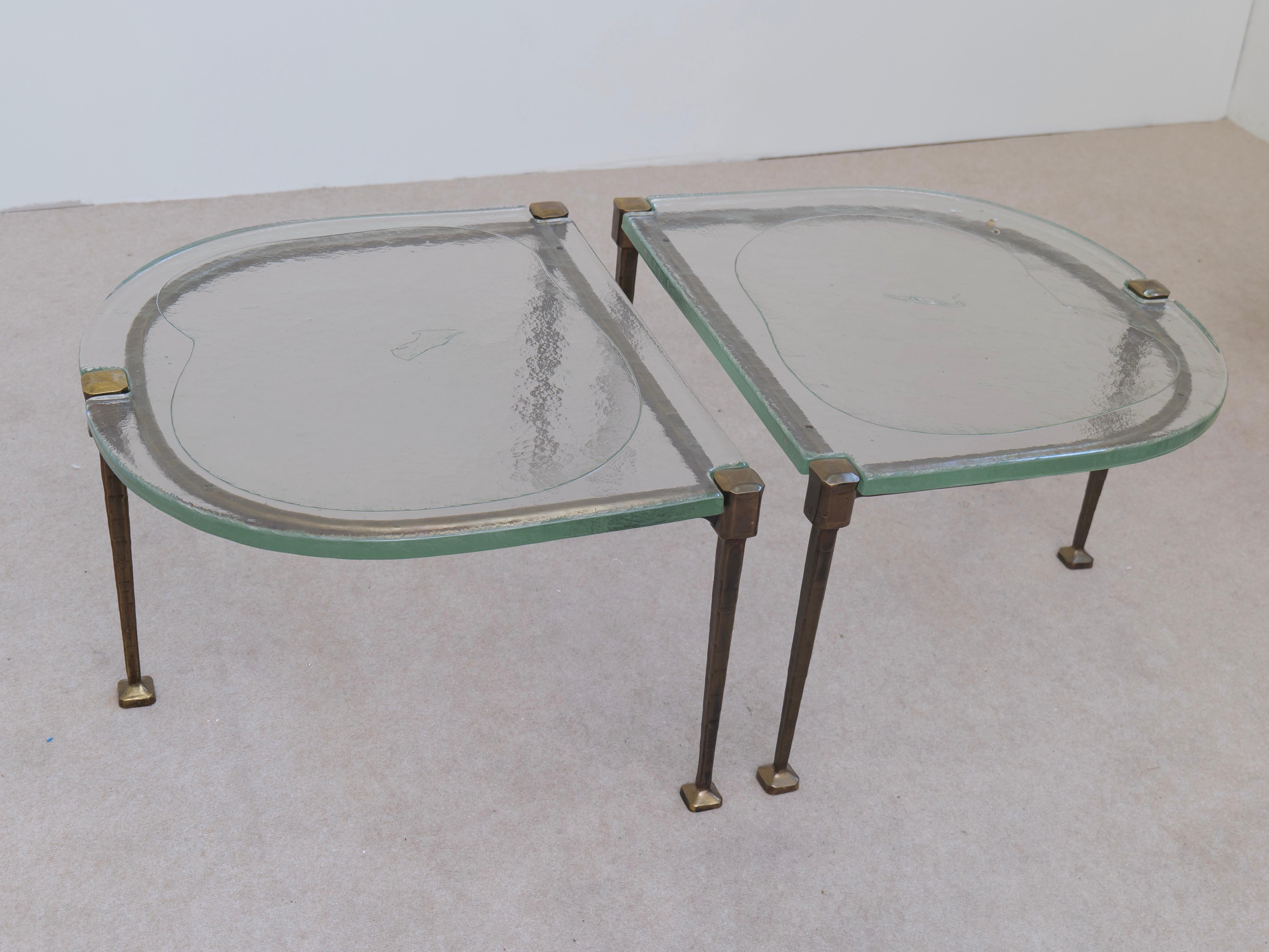 forged bronze coffee tables by Lothar Kute with green glass For Sale 2