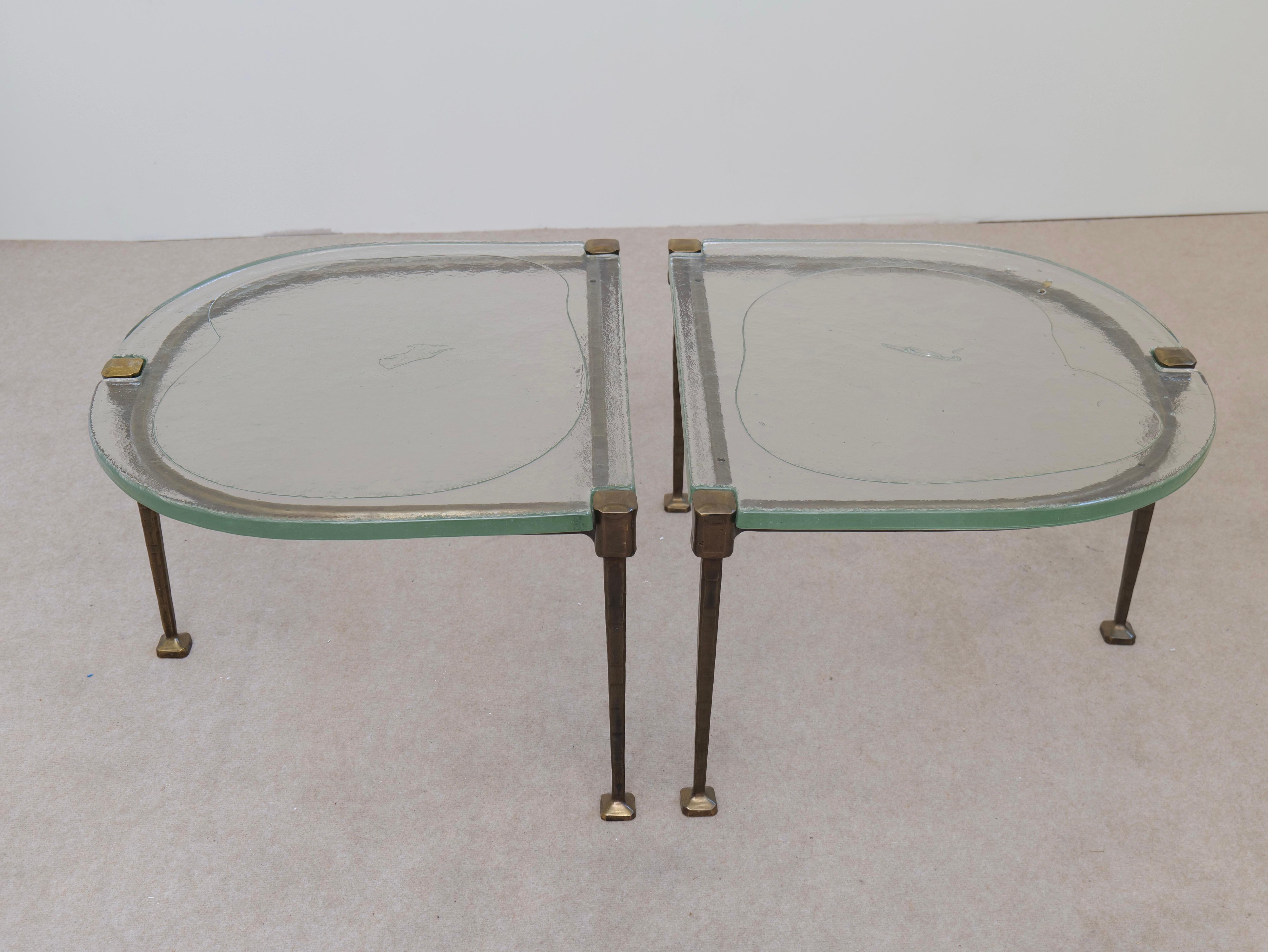 forged bronze coffee tables by Lothar Kute with green glass For Sale 3