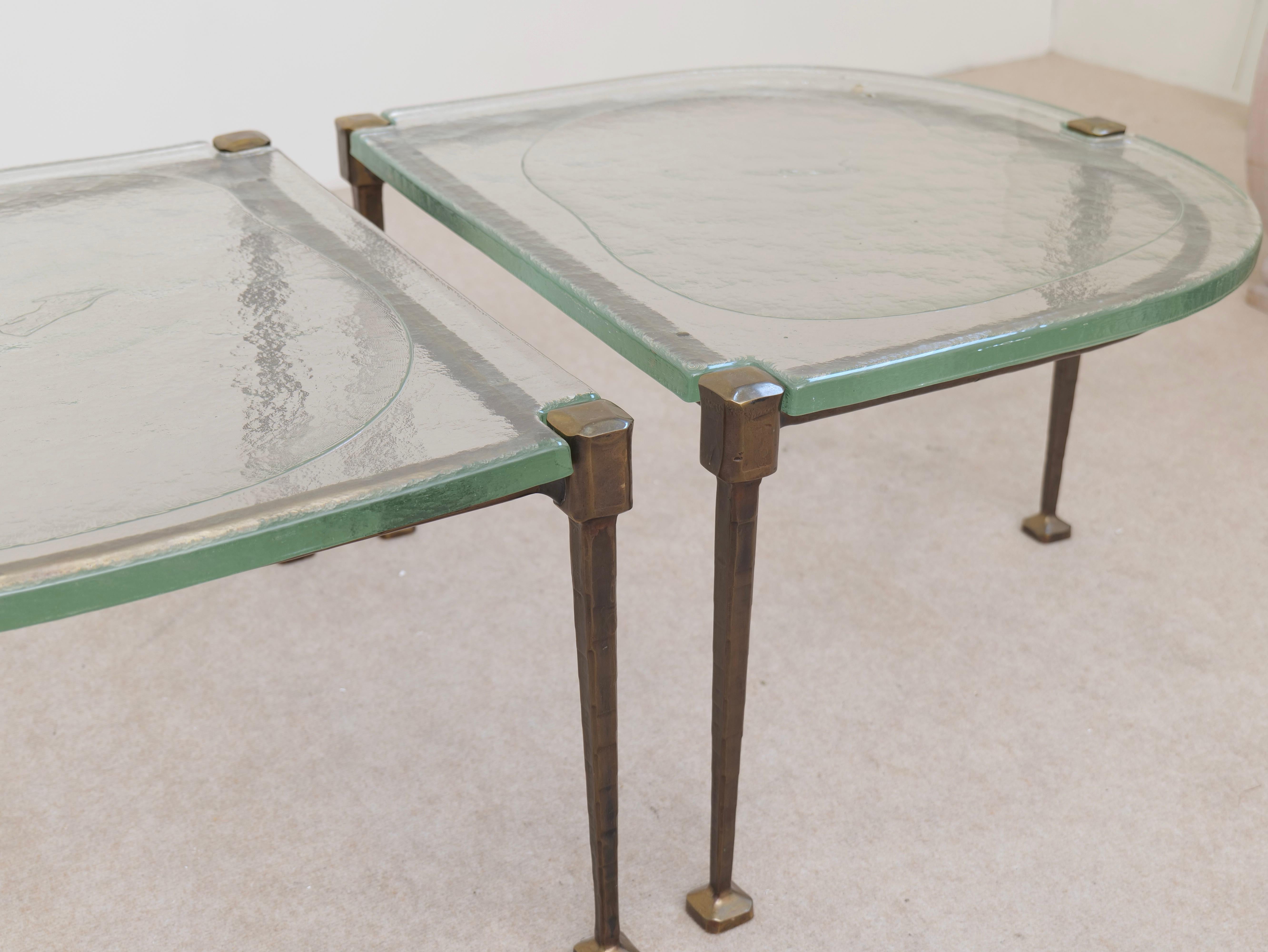 German forged bronze coffee tables by Lothar Kute with green glass For Sale