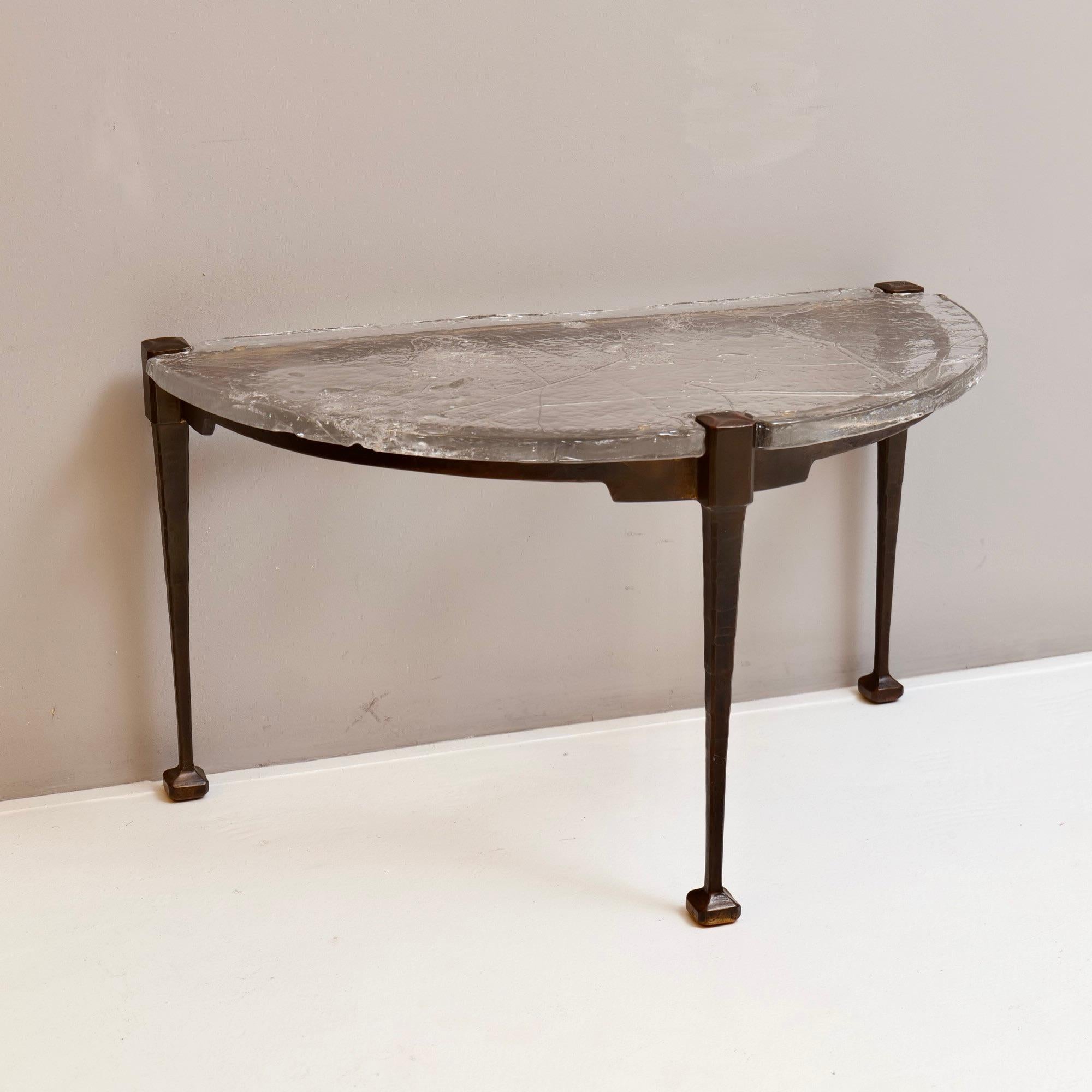Brutalist forged bronze & glass console table by Lothar Klute signed For Sale