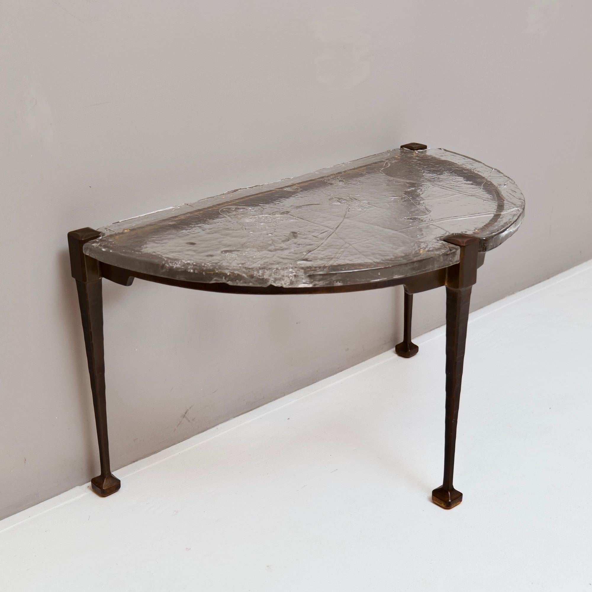 Cast forged bronze & glass console table by Lothar Klute signed For Sale