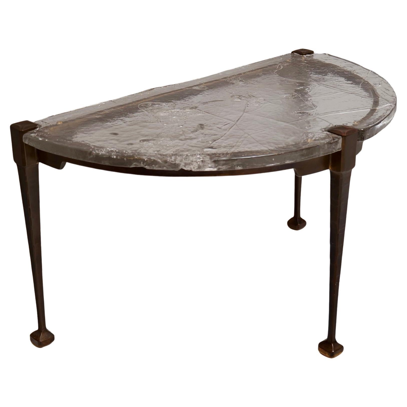 Table console en bronze forgé et verre signée Lothar Klute