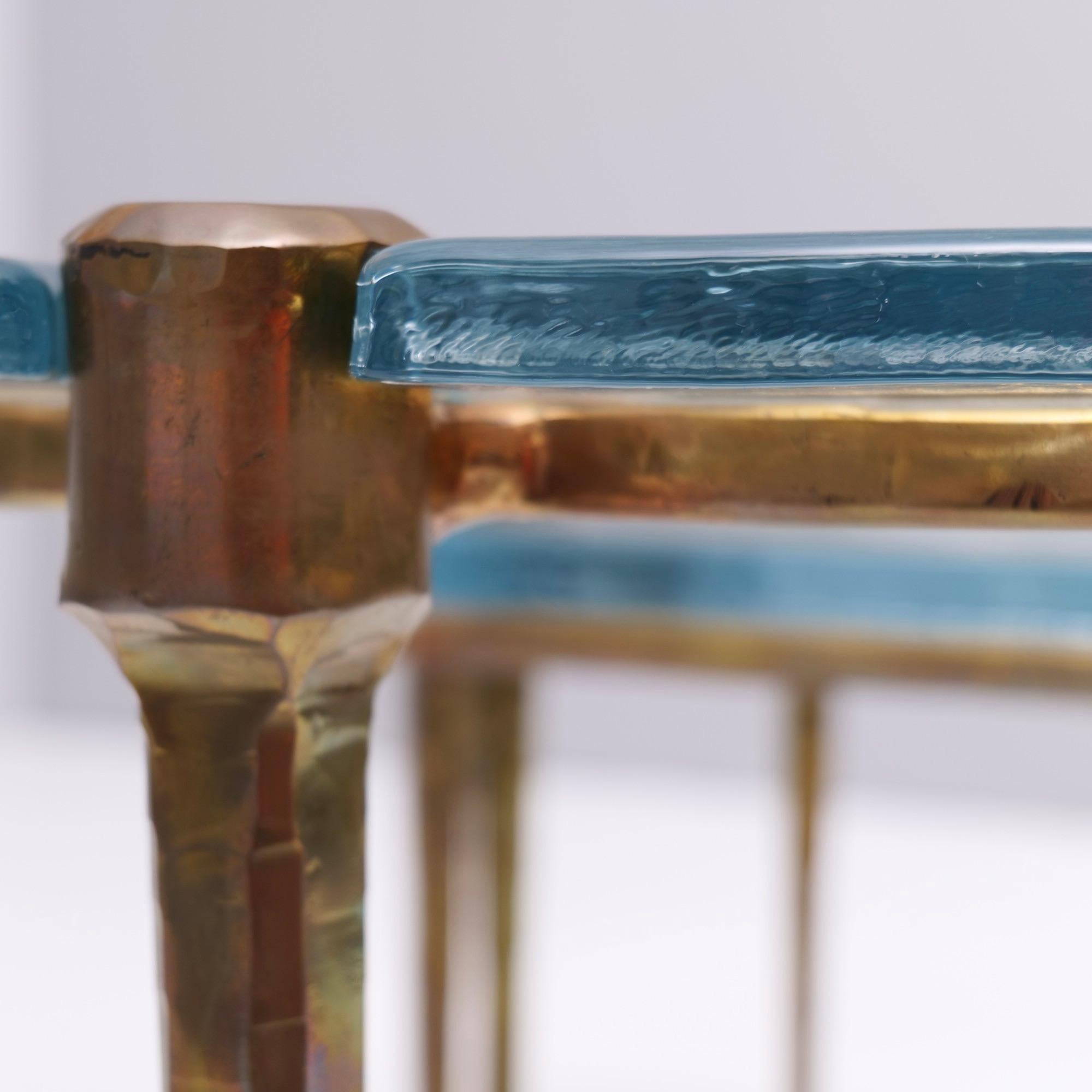forged bronze tables with blue cast glass - 1980s brutalist 3