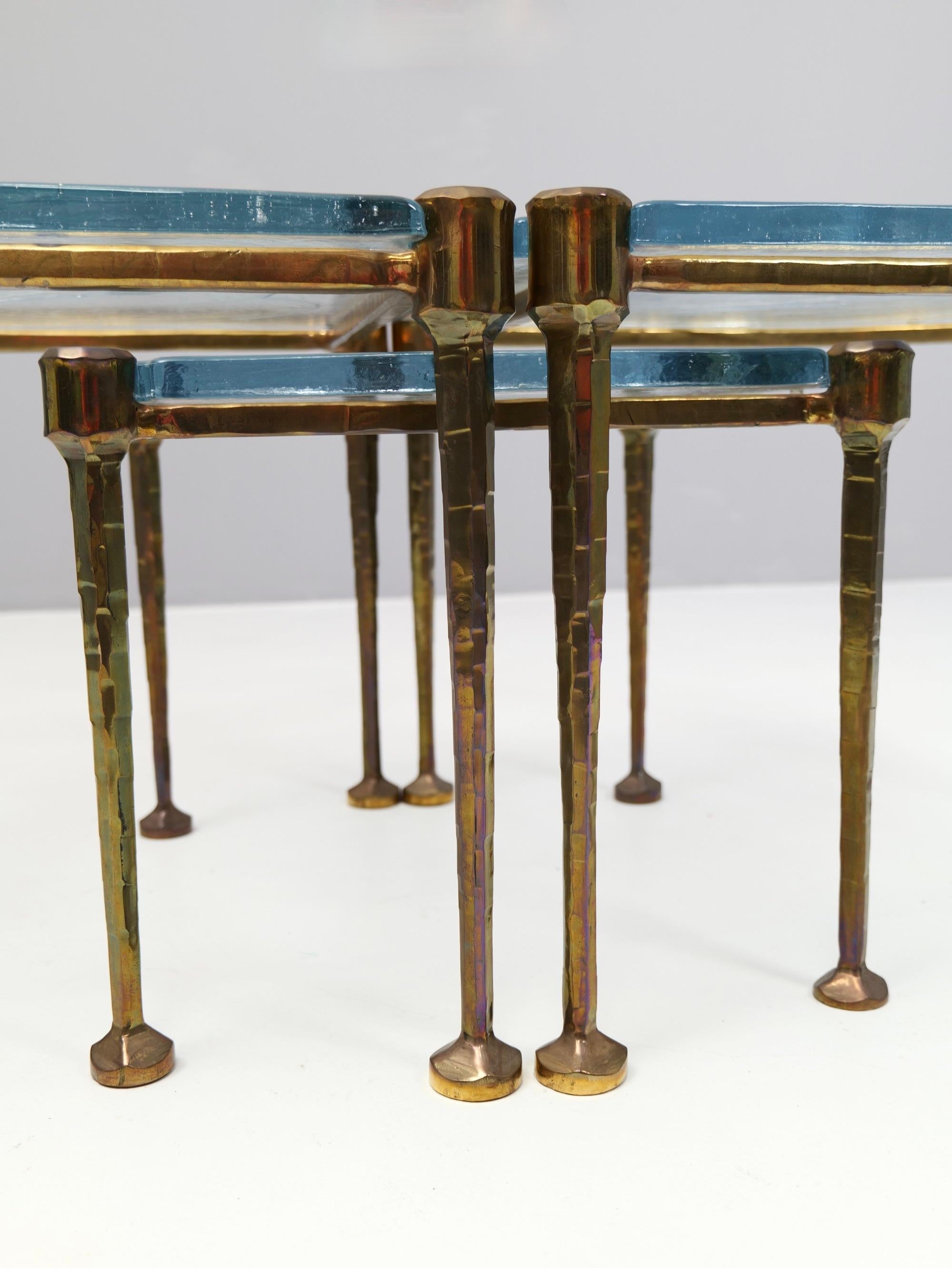 forged bronze tables with blue cast glass - 1980s brutalist 4