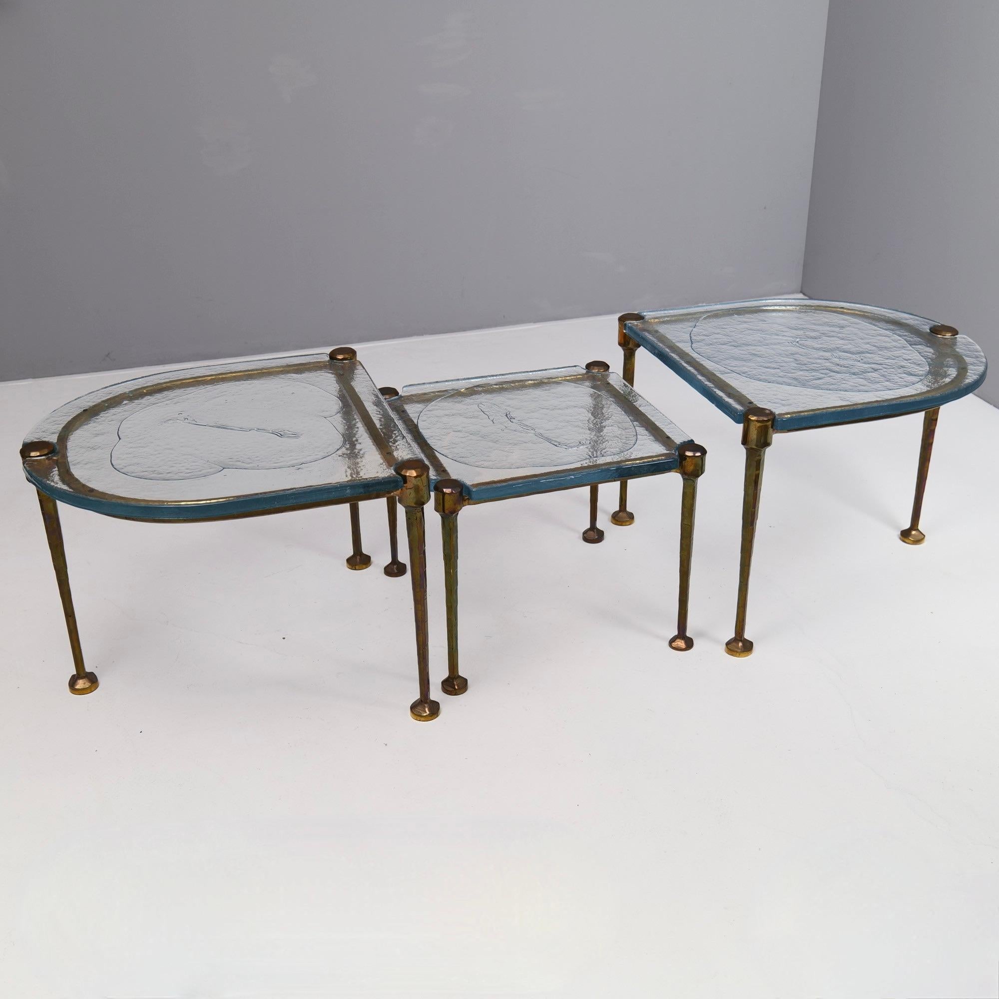 Brutalist forged bronze tables with blue cast glass - 1980s brutalist