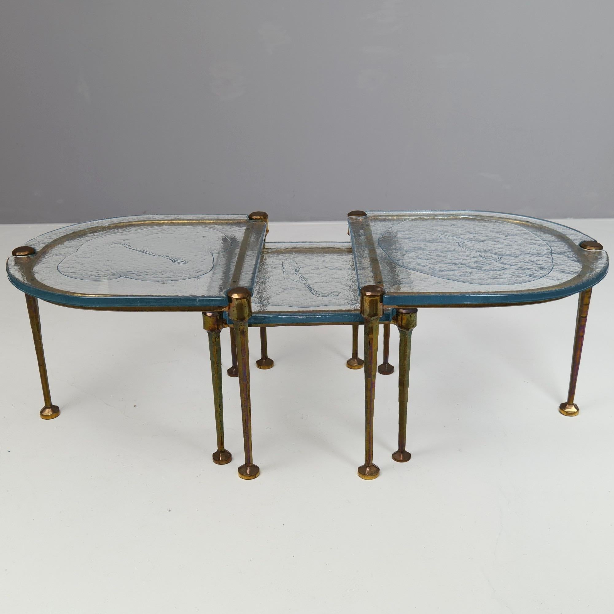 German forged bronze tables with blue cast glass - 1980s brutalist