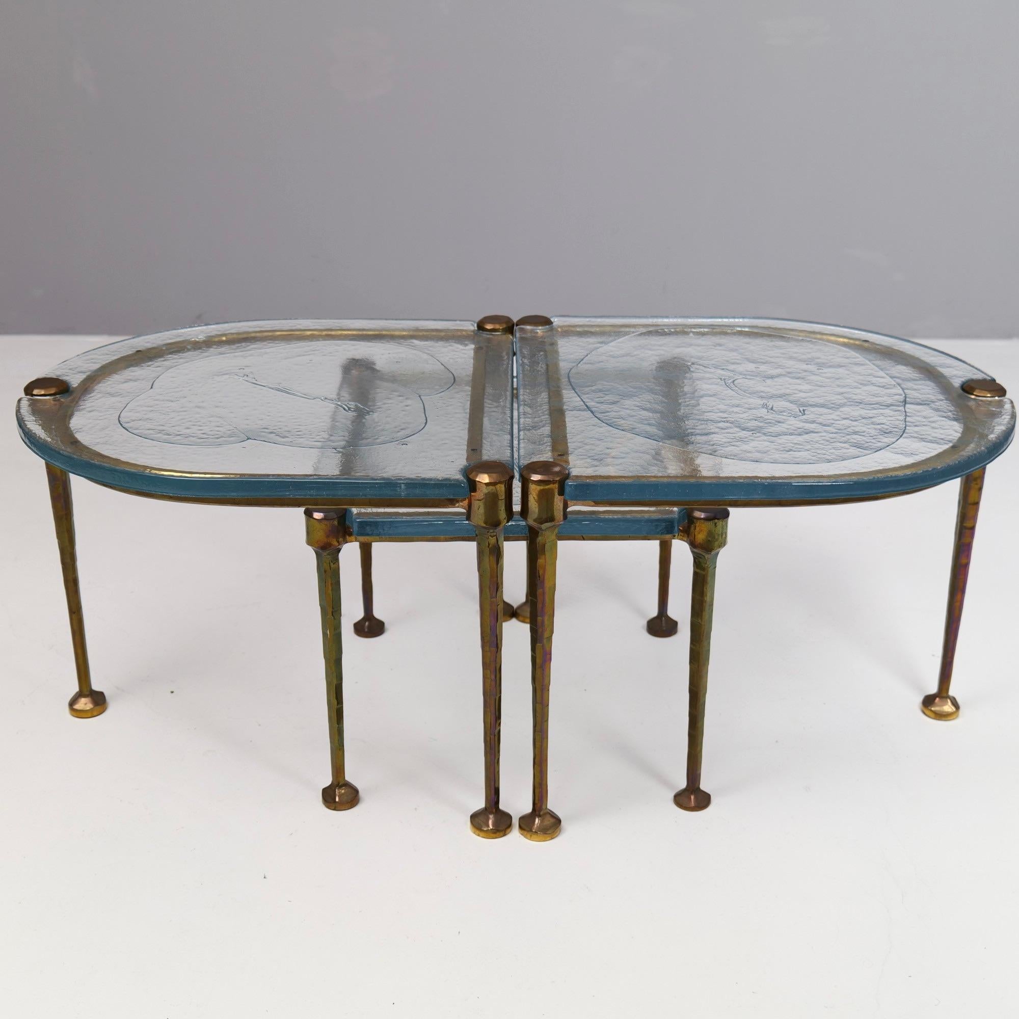 forged bronze tables with blue cast glass - 1980s brutalist In Good Condition In Saarbrücken, SL
