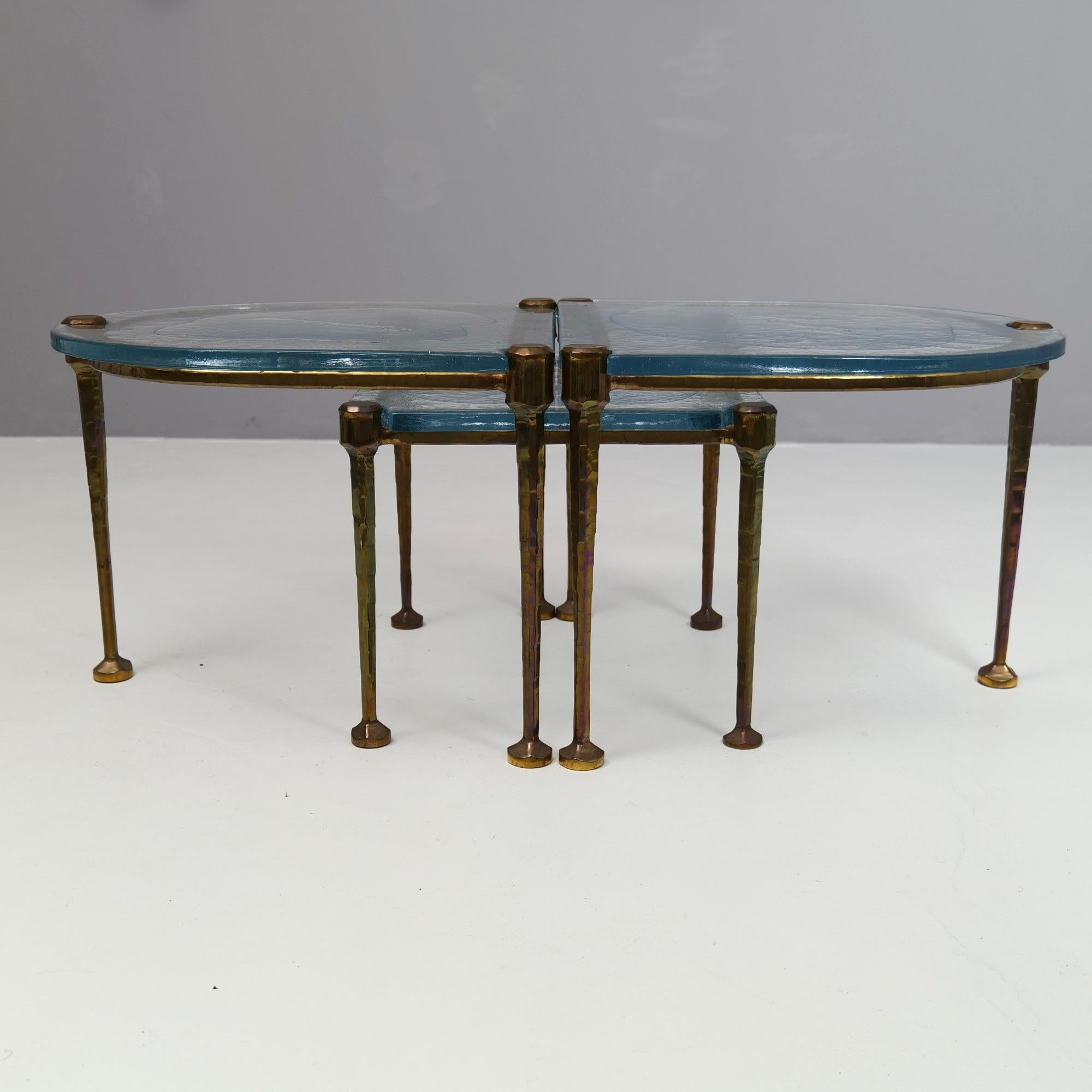 Late 20th Century forged bronze tables with blue cast glass - 1980s brutalist