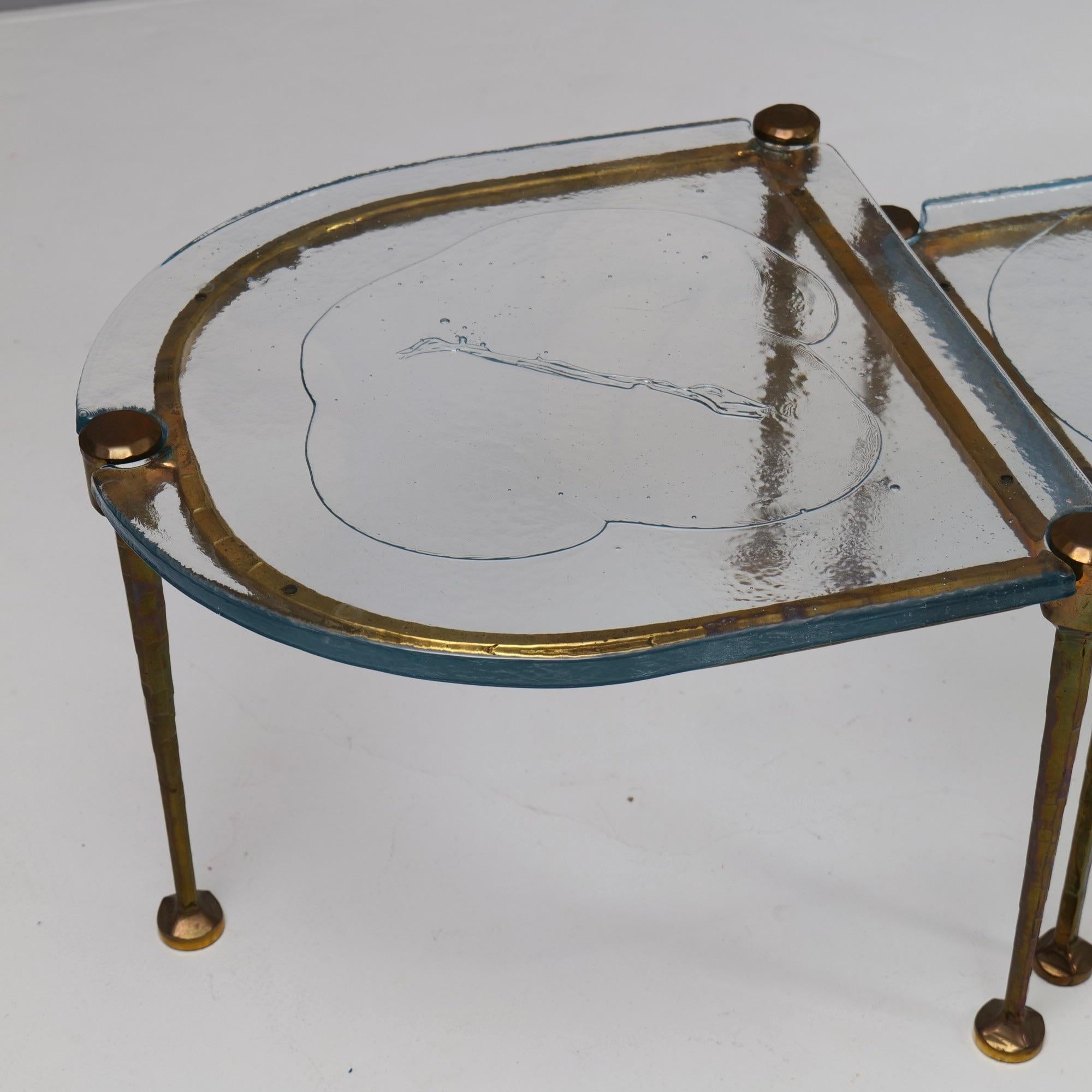 Bronze forged bronze tables with blue cast glass - 1980s brutalist