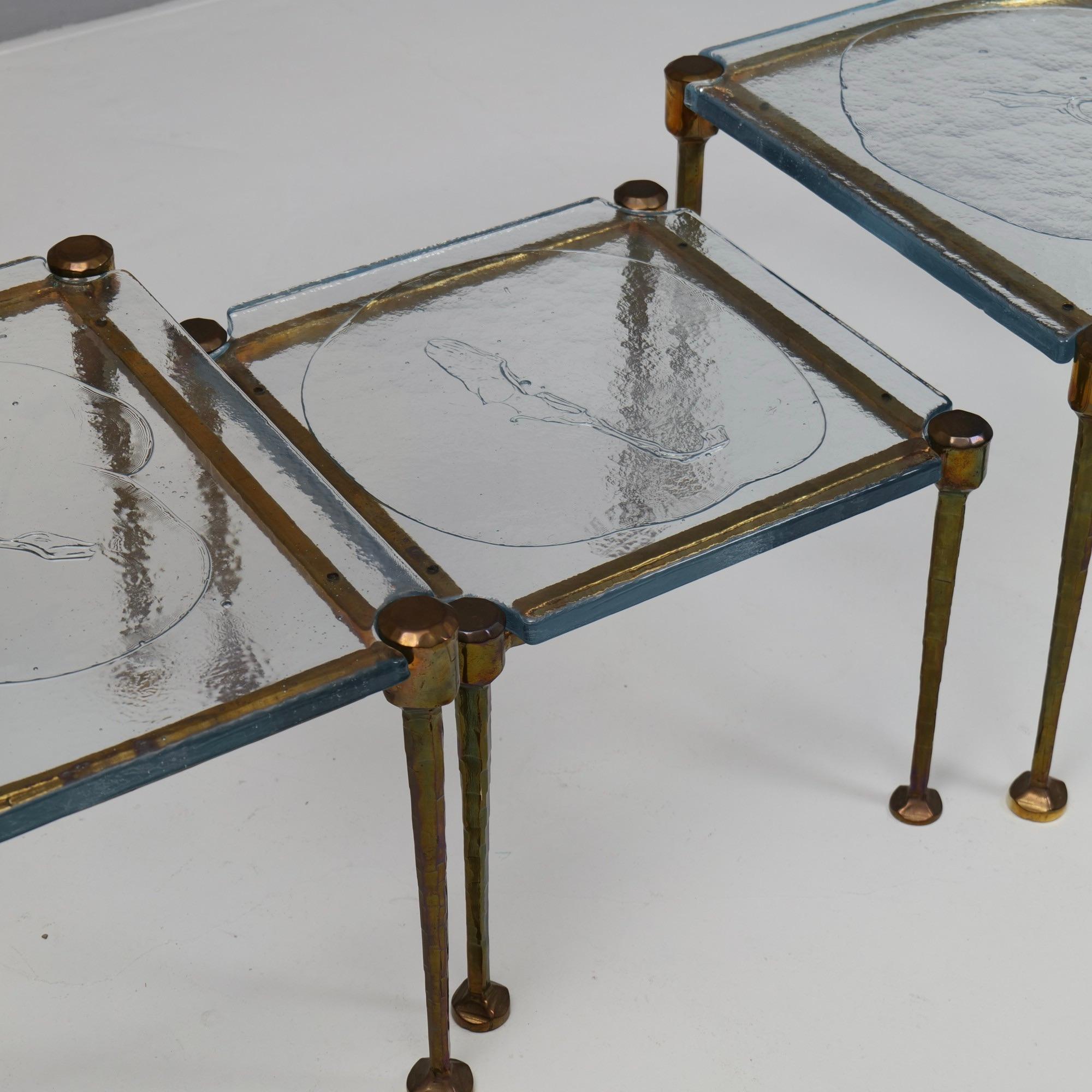 forged bronze tables with blue cast glass - 1980s brutalist 1