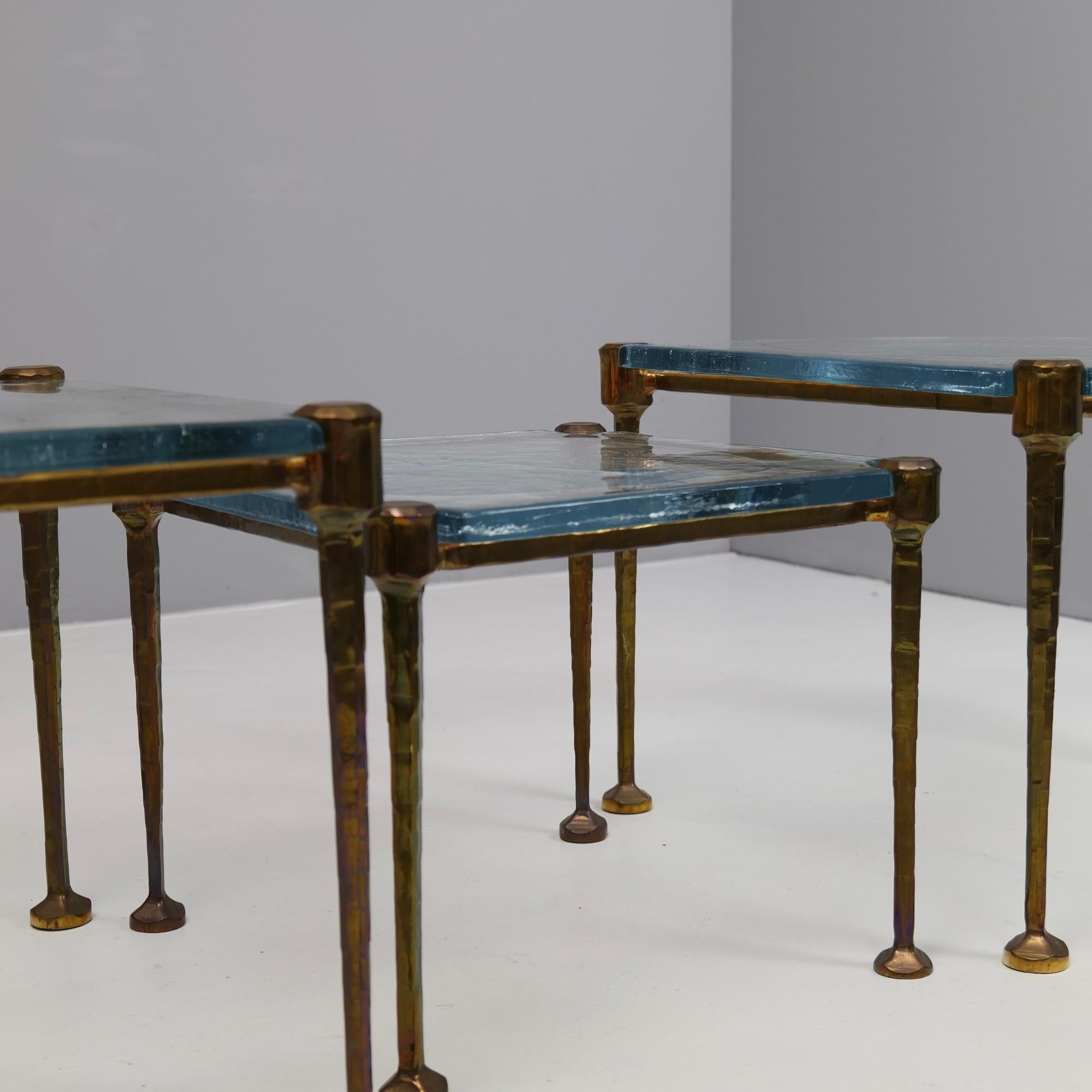 forged bronze tables with blue cast glass - 1980s brutalist 2