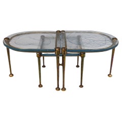 tables en bronze forgé avec verre moulé bleu - 1980 brutalist
