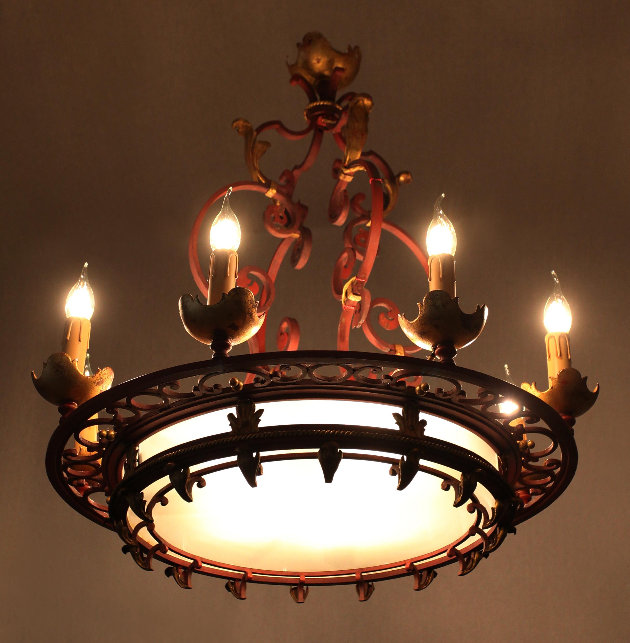 Belgian Forged circular chandelier. Antique. For Sale
