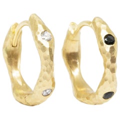 Forged Diamond and Black Spinel Gold 14 Karat Reversible Huggies