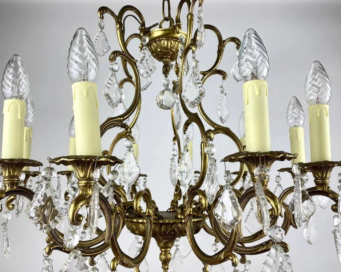 Mid-Century Modern Forged Gilt Bronze & Crystal French Chandelier, 1960s For Sale