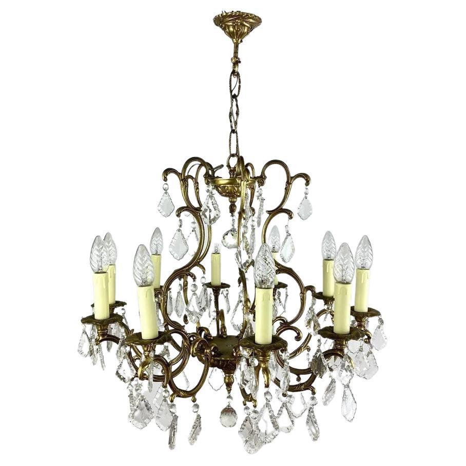 Forged Gilt Bronze & Crystal French Chandelier, 1960s For Sale