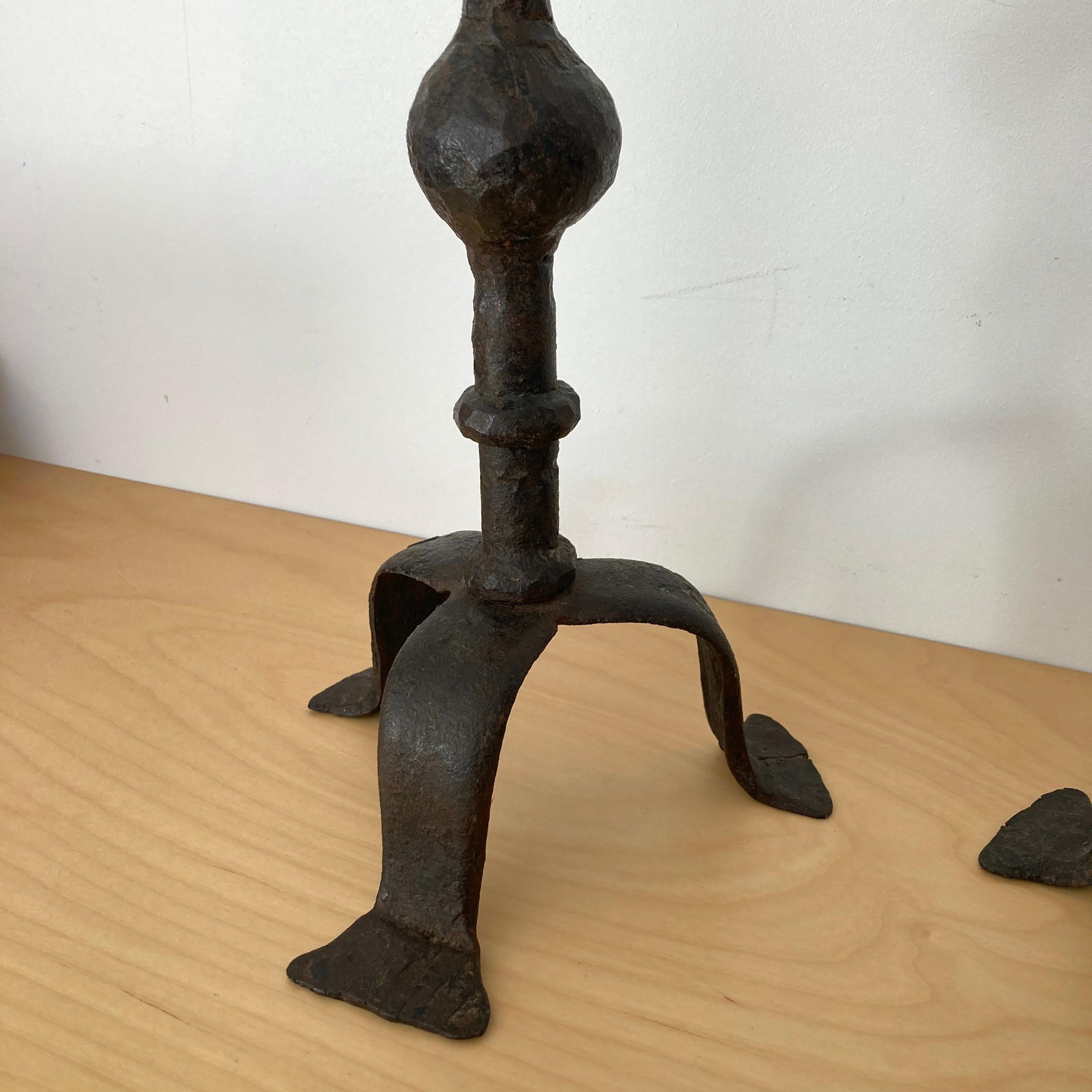 Forged Hammered Iron Candlesticks in the Style of Giacometti, France, 1950s 8
