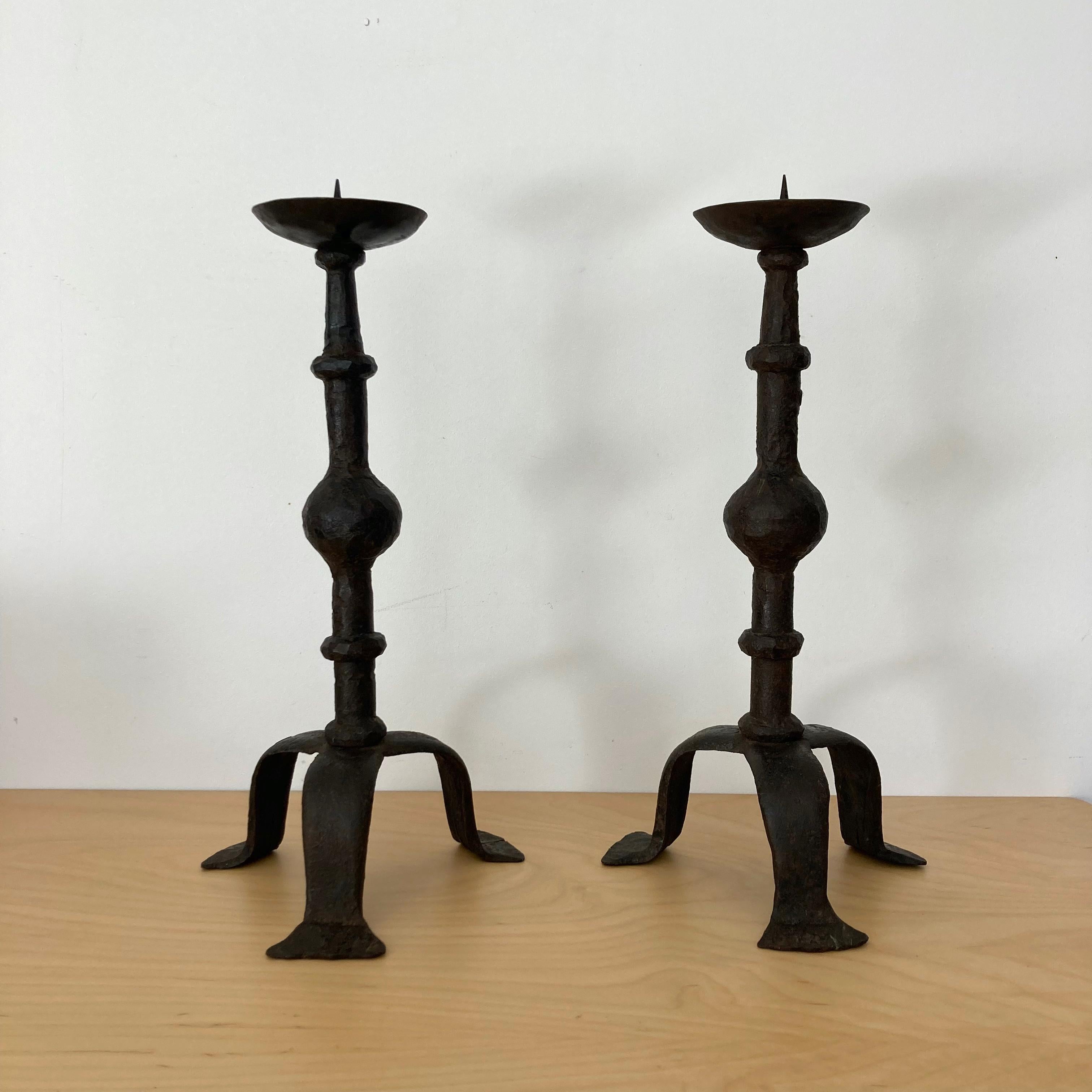 Forged Hammered Iron Candlesticks in the Style of Giacometti, France, 1950s In Good Condition In La Teste De Buch, FR