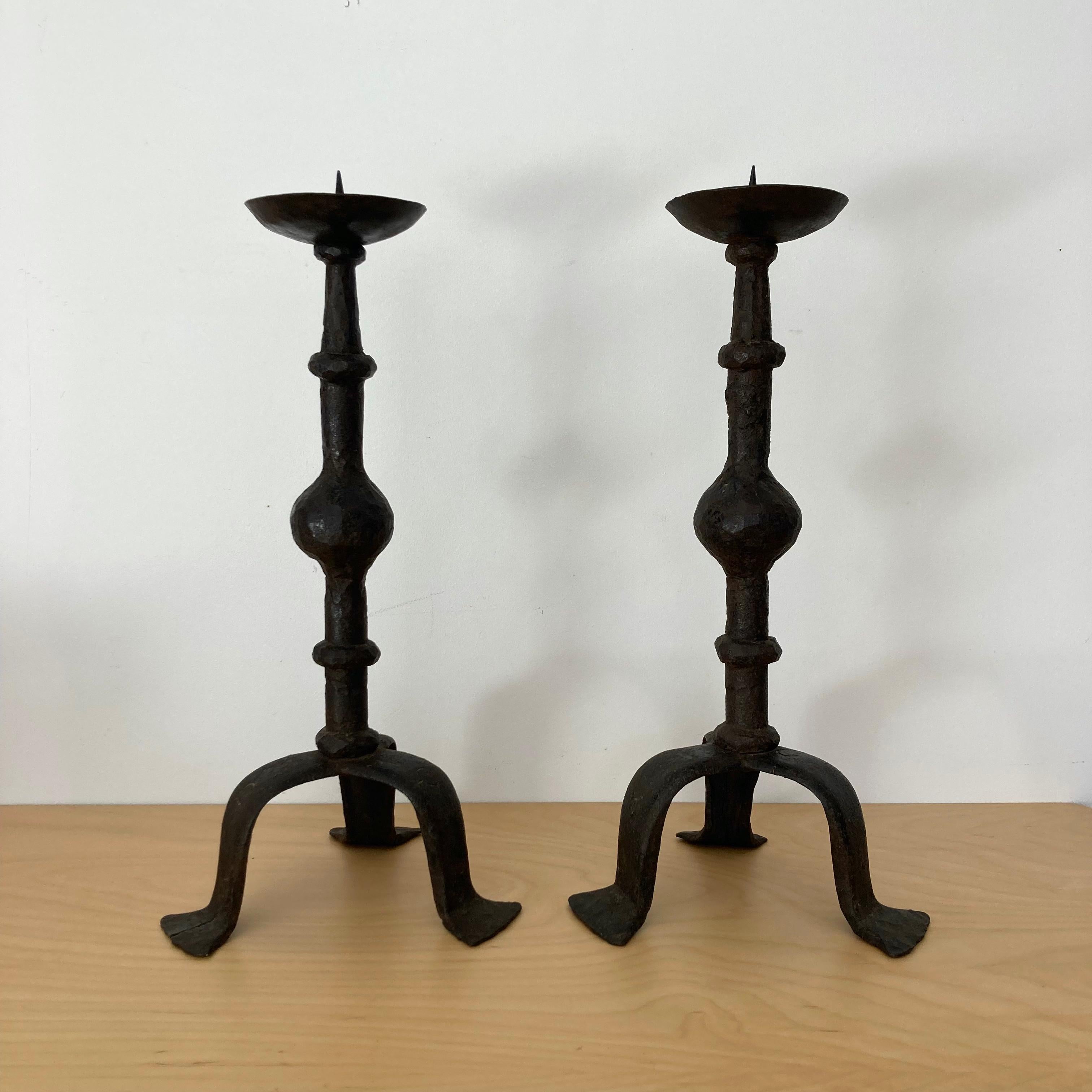 Mid-20th Century Forged Hammered Iron Candlesticks in the Style of Giacometti, France, 1950s