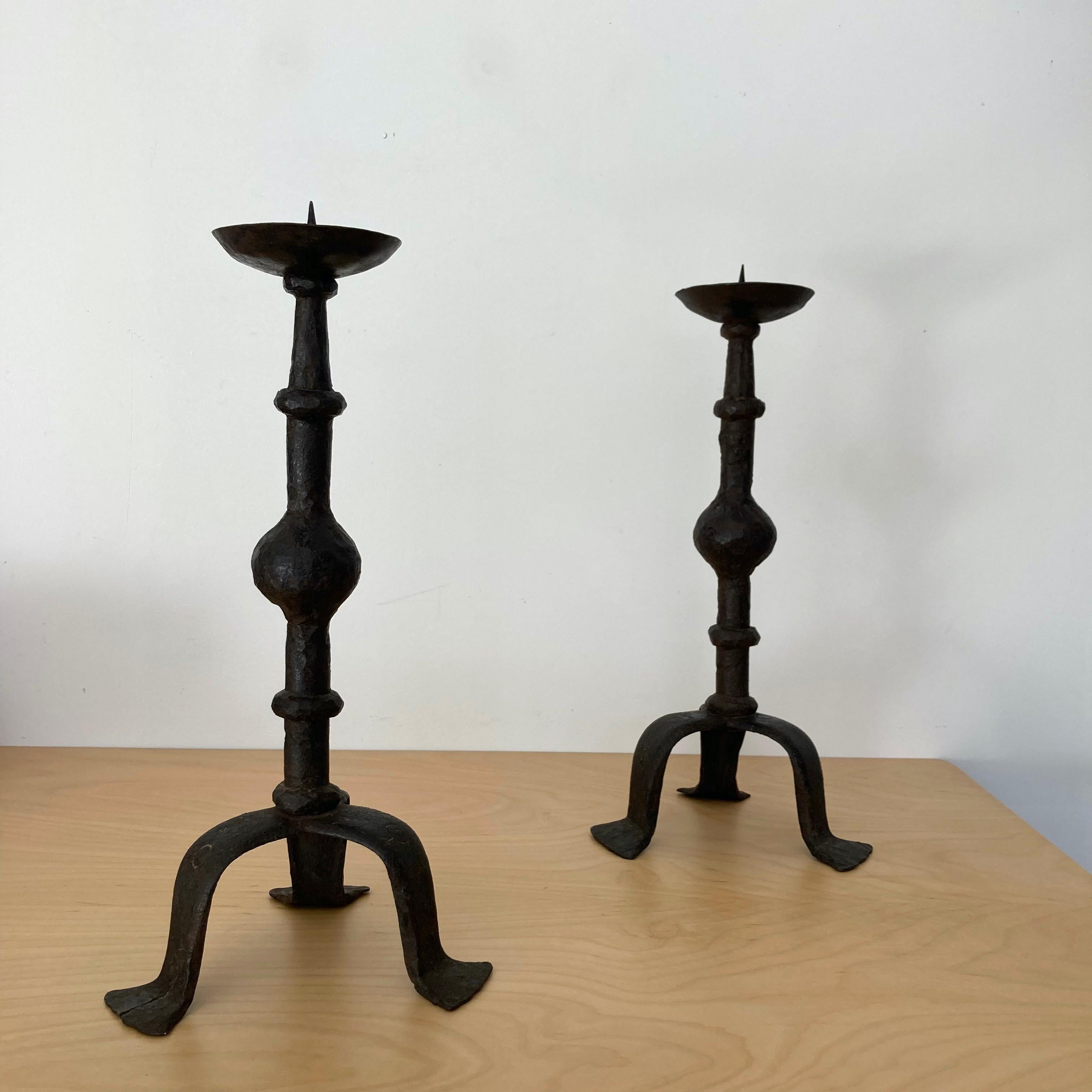 Forged Hammered Iron Candlesticks in the Style of Giacometti, France, 1950s 1