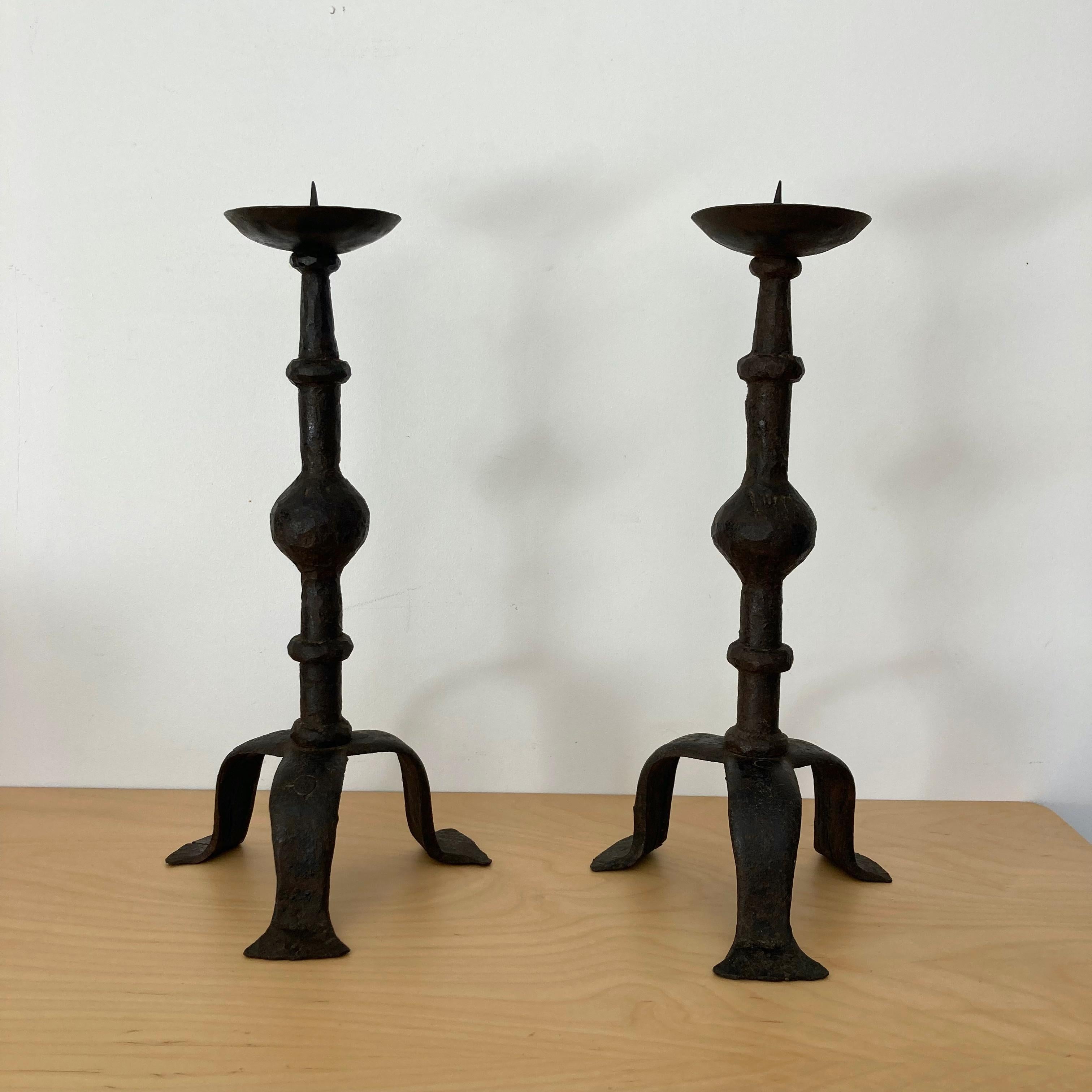Forged Hammered Iron Candlesticks in the Style of Giacometti, France, 1950s 3