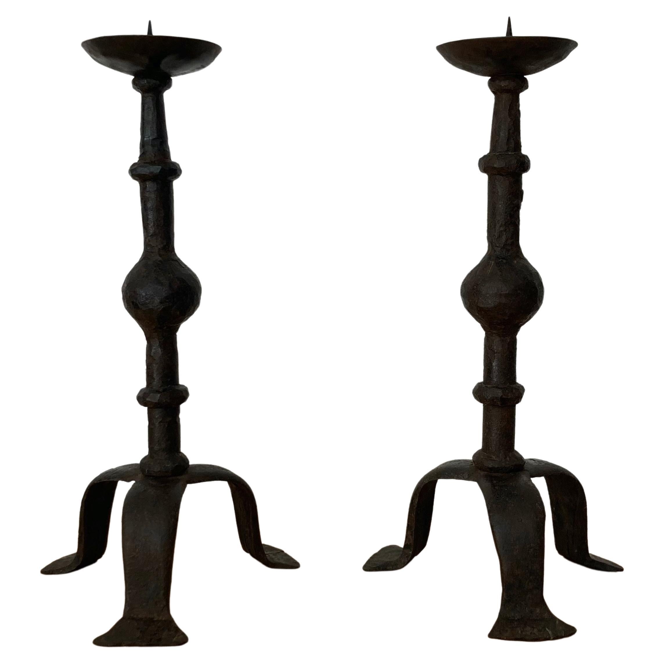 Forged Hammered Iron Candlesticks in the Style of Giacometti, France, 1950s