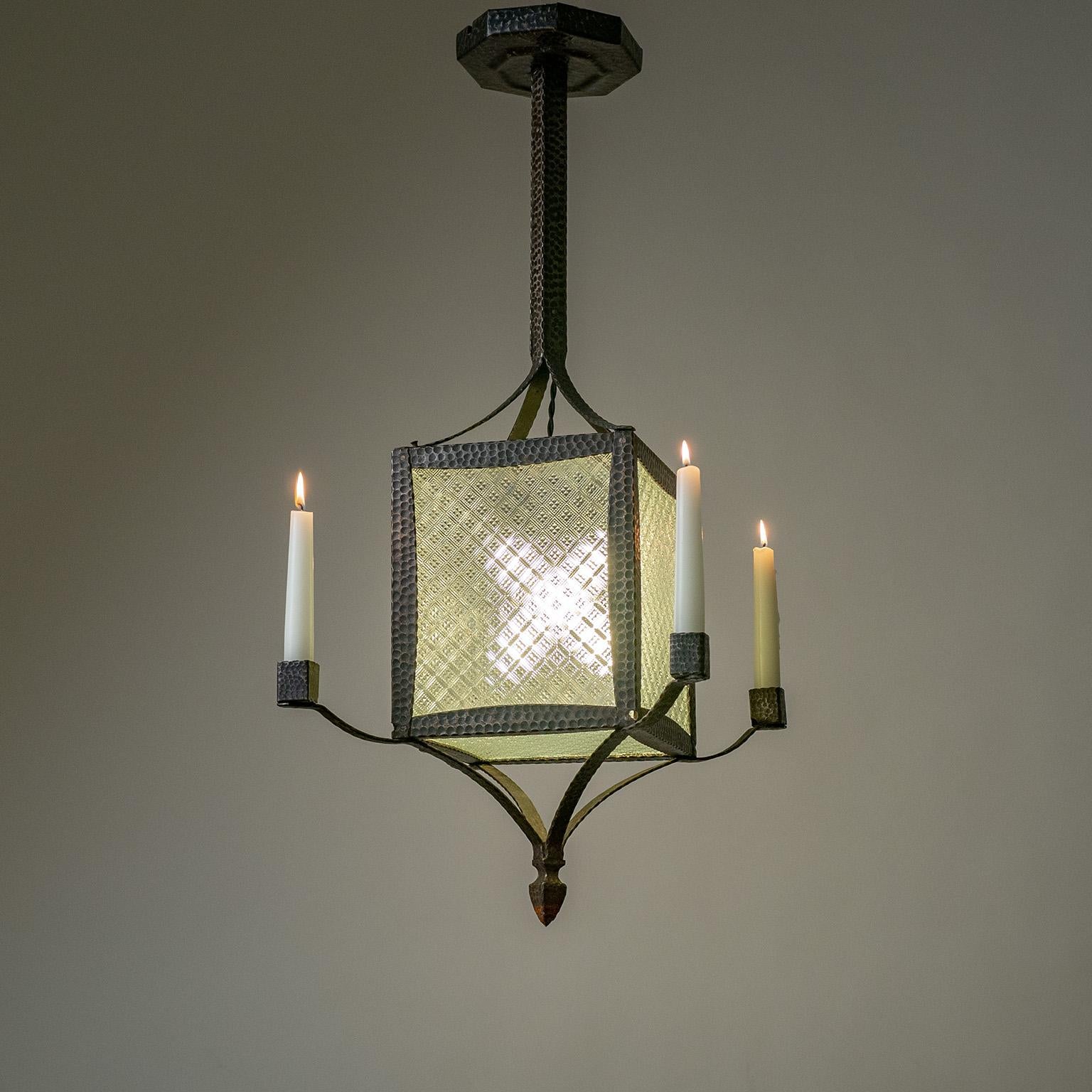 Forged Iron and Glass Lantern, circa 1930 In Good Condition For Sale In Vienna, AT