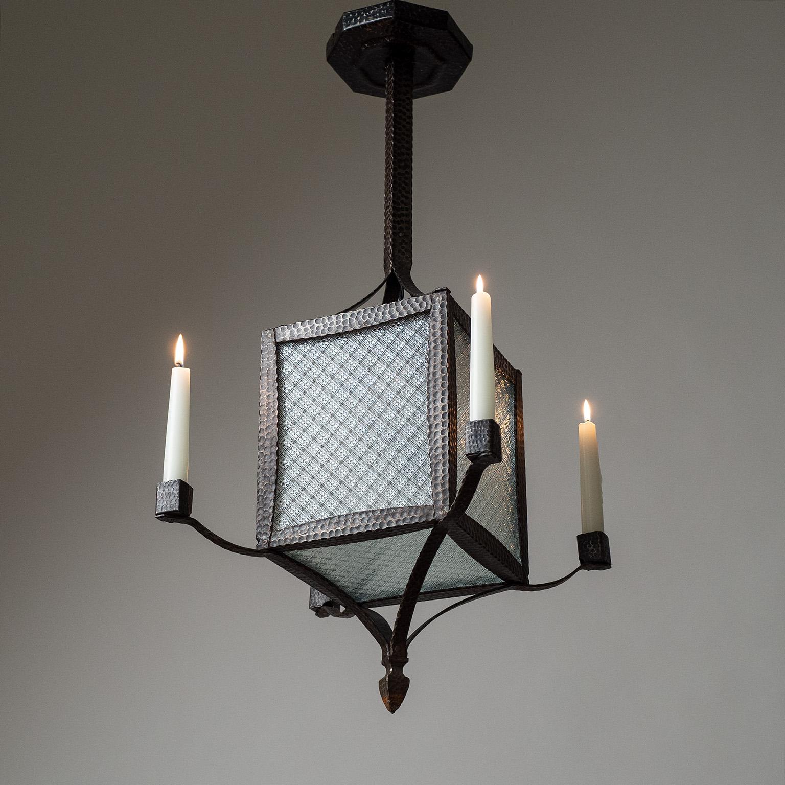 Early 20th Century Forged Iron and Glass Lantern, circa 1930 For Sale
