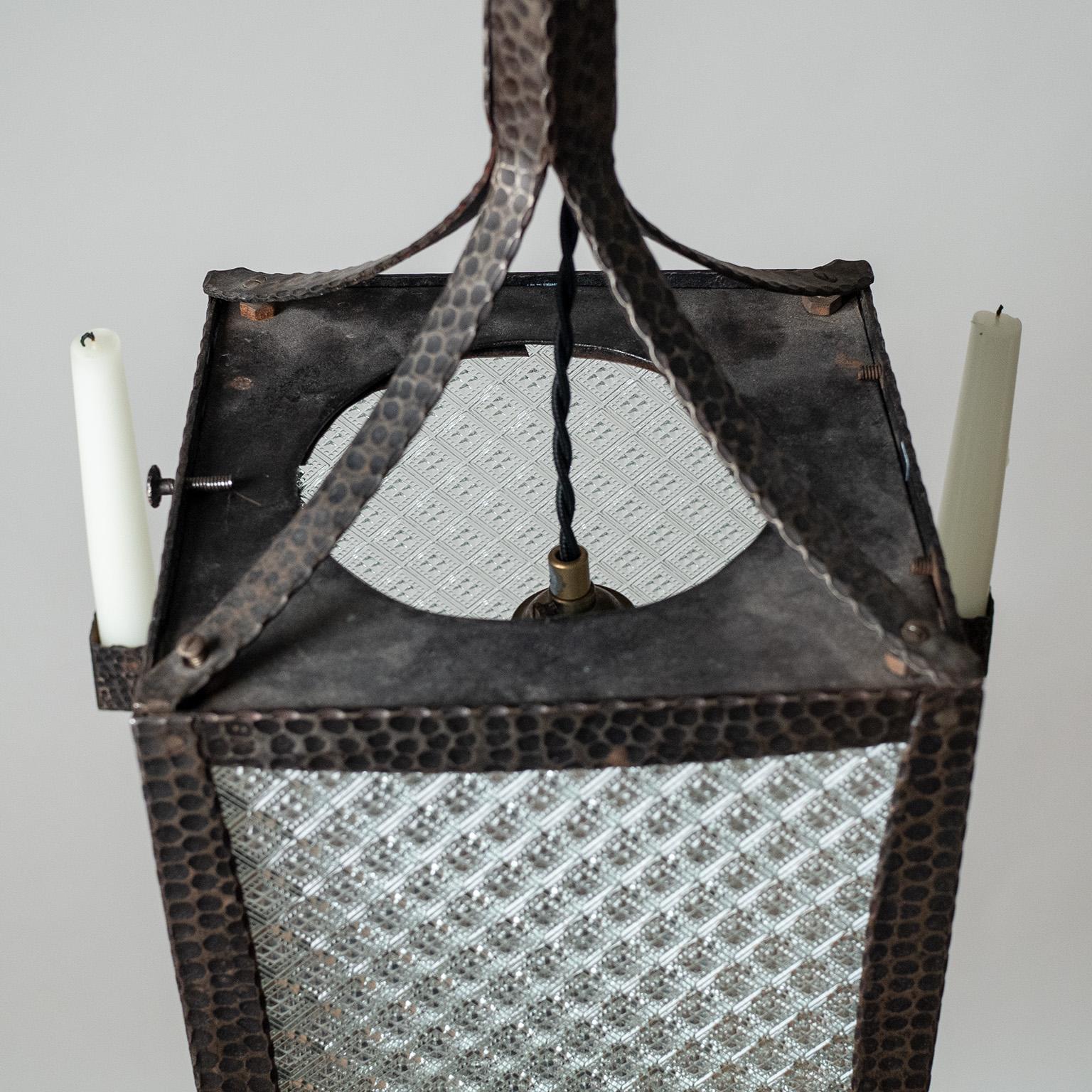Forged Iron and Glass Lantern, circa 1930 For Sale 1
