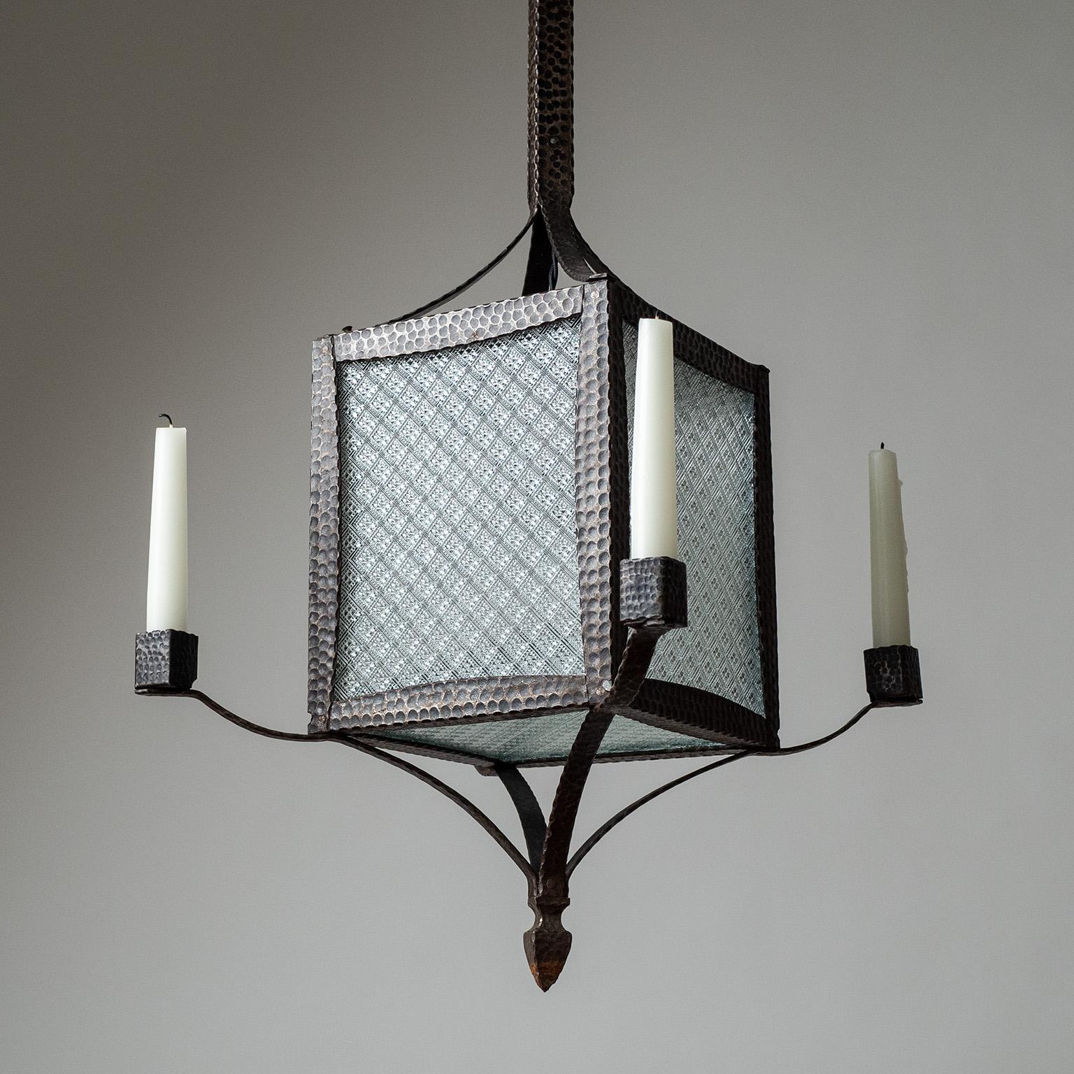 Forged Iron and Glass Lantern, circa 1930 For Sale 3