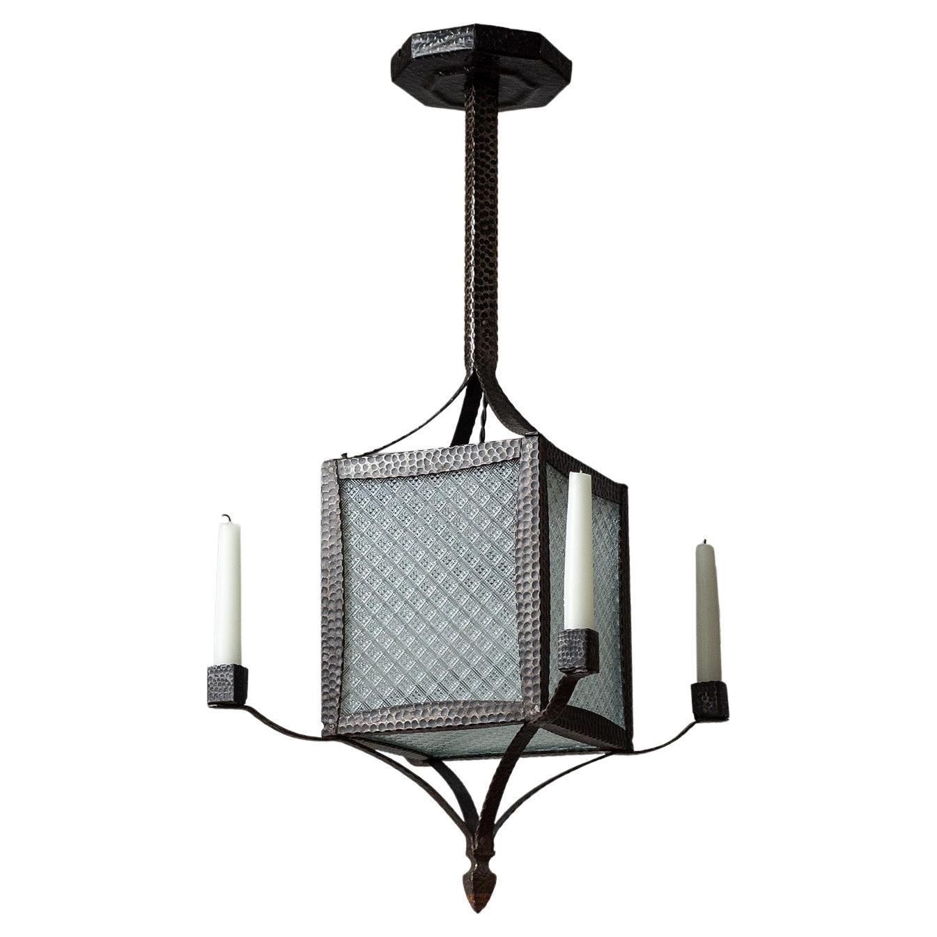Forged Iron and Glass Lantern, circa 1930 For Sale