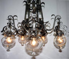 Forged Iron and Tole Cage-Form Chandelier with Five-Hanging Light Glass Globes