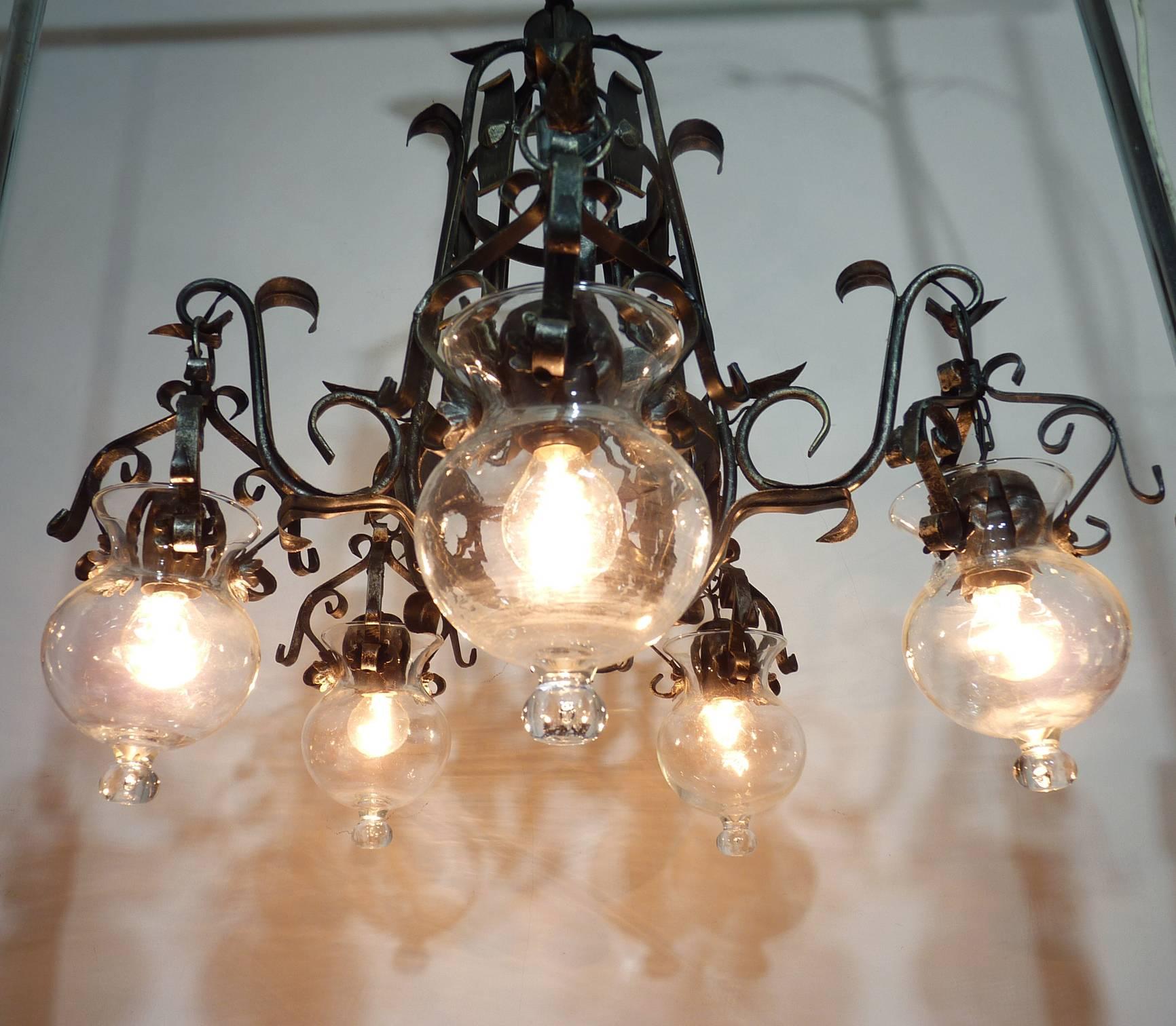 Country Forged Iron and Tole Cage-Form Chandelier with Five-Hanging Light Glass Globes For Sale
