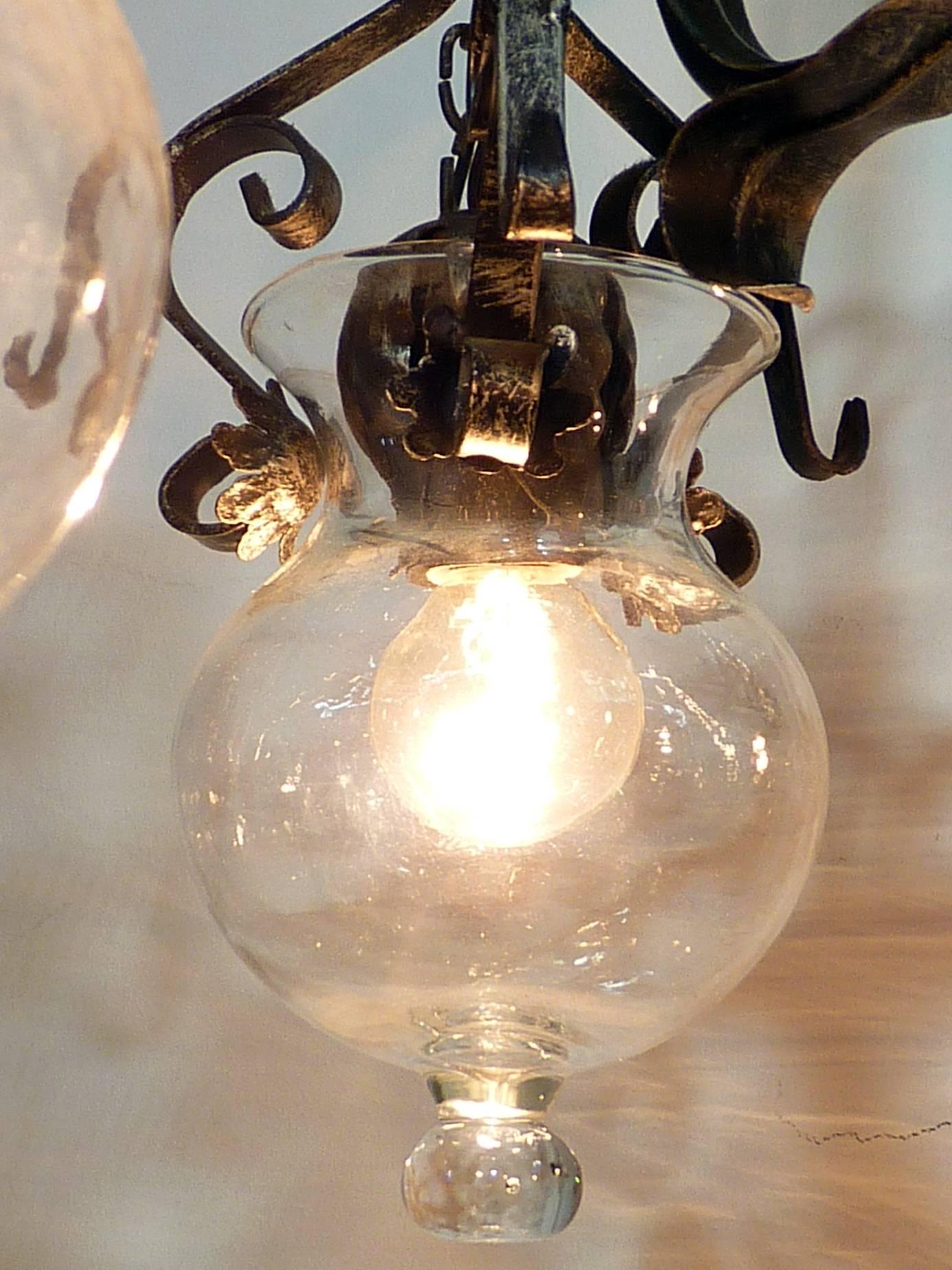 Forged Iron and Tole Cage-Form Chandelier with Five-Hanging Light Glass Globes For Sale 2