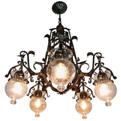 Forged Iron and Tole Cage-Form Chandelier with Five-Hanging Light Glass Globes