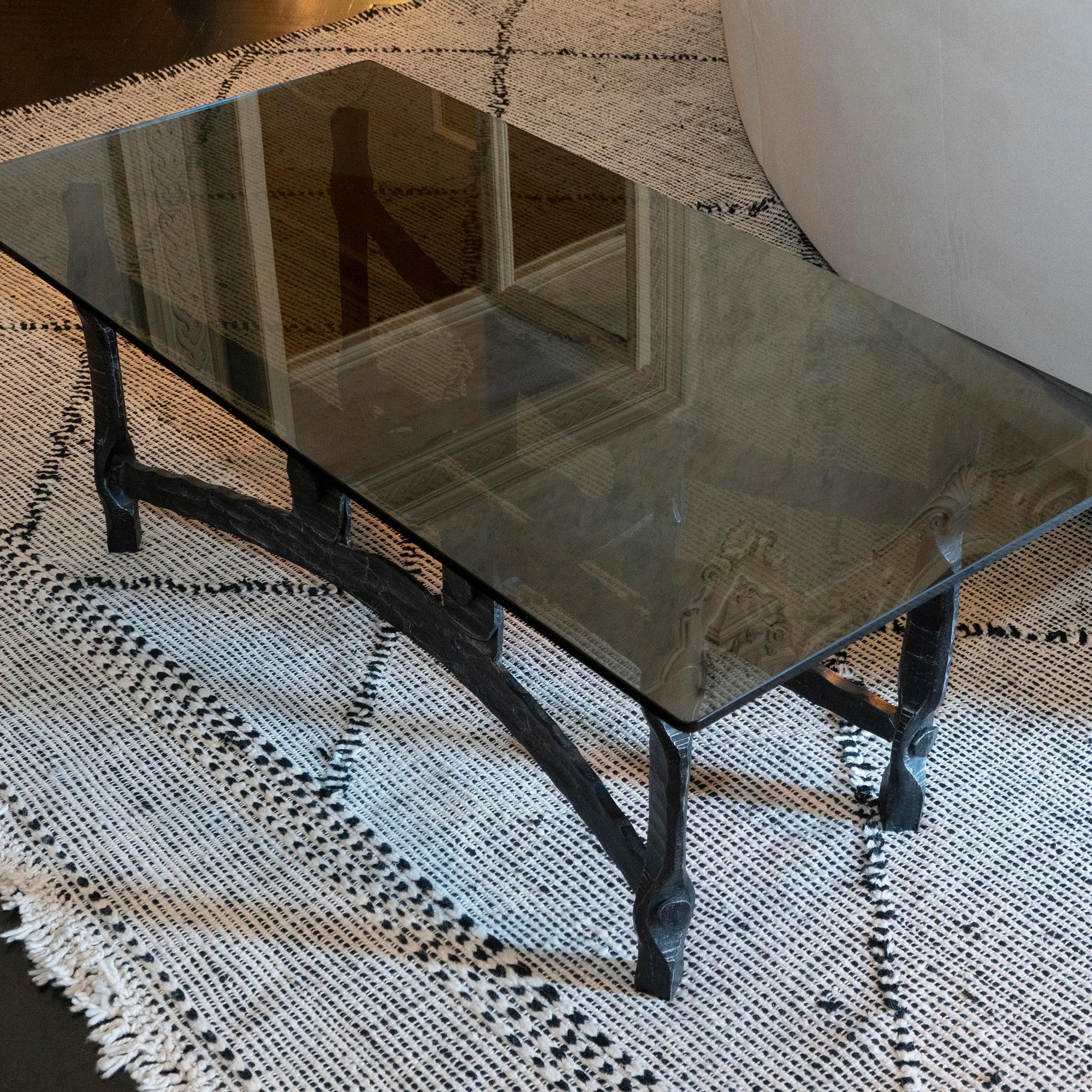 Brutalist Forged Iron Coffee Table Base, Smoked Glass Top, France, 1940s For Sale